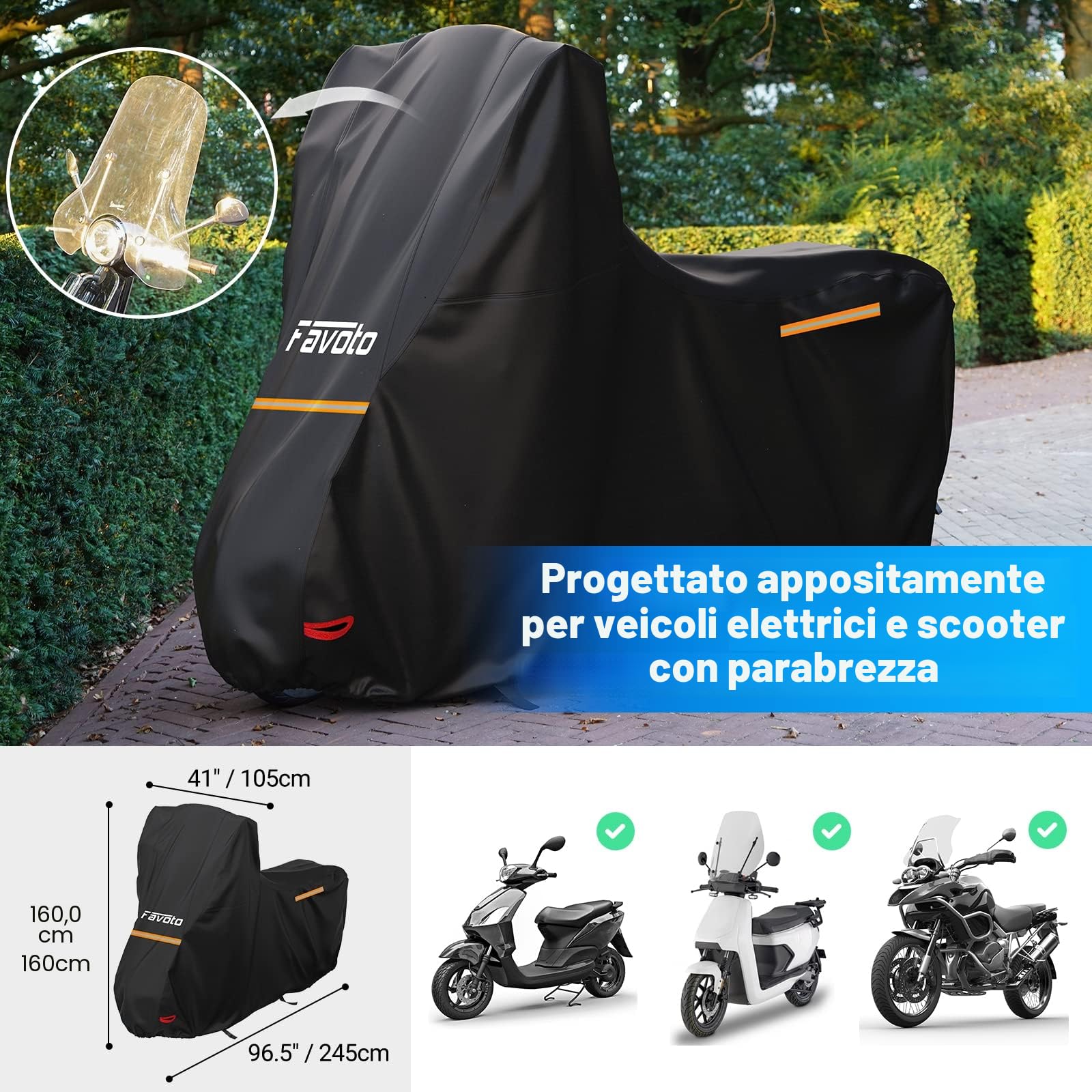 Favoto Telo Coprimoto 210D per Moto con Parabrezza Alto Resistente a Acqua Polvere Pioggia Vento Copertura Antifurto per Moto Motorino Motocicletta 245x105x160cm
