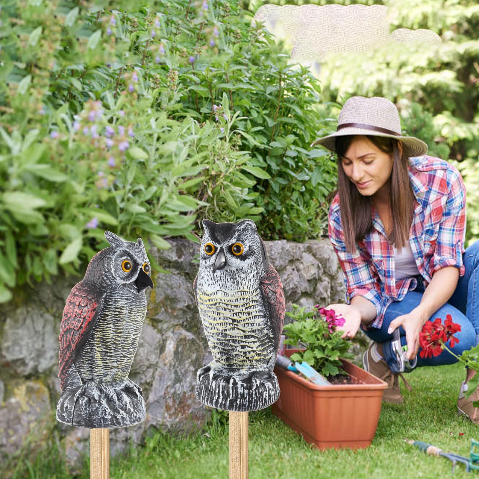 Hedoc Paquete de 2 señuelos falsos de búho para asustar a los pájaros lejos de jardines y tejados, disuasorio de pájaros de búho cornudo, espantapájaros de la naturaleza, repelente de plagas de búho
