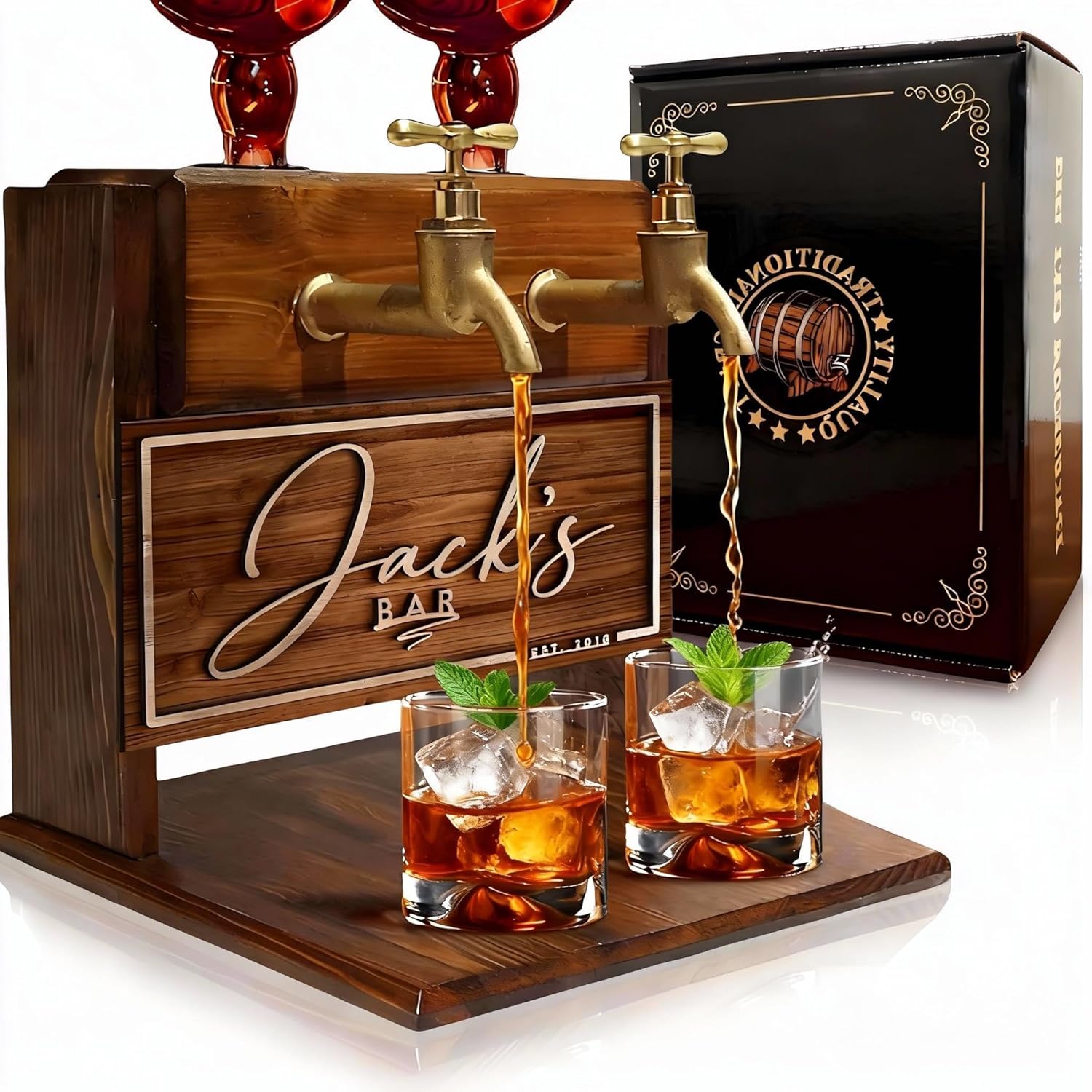 Personalized Whiskey Dispenser Set For Men, Custom Drink Dispenser With Engraved Name, Wooden Liquor Dispenser with Double Faucet for Home Bar Pub Shed Valentine's Day Father's Day Christmas