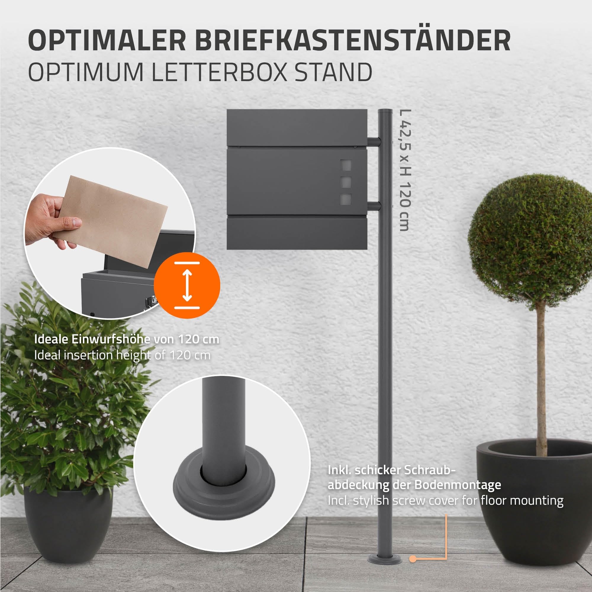 ML-Design Supporto per Cassetta delle Lettere in Acciaio Inox Verniciato a Polvere Antracite Altezza 120 cm Palo di Sostegno da Pavimento Cassetta Postale Stand Verticale Casella della Posta Moderno