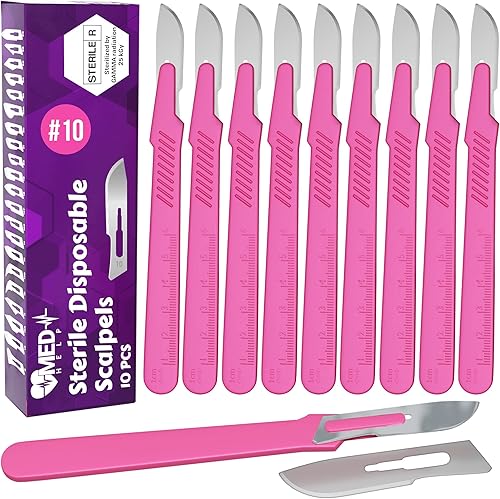 MedHelp Bisturí desechable, 10 cuchillas de bisturí con mango de plástico rosa, cuchillas Dermablade de acero de alto carbono. Cuchillas quirúrgicas