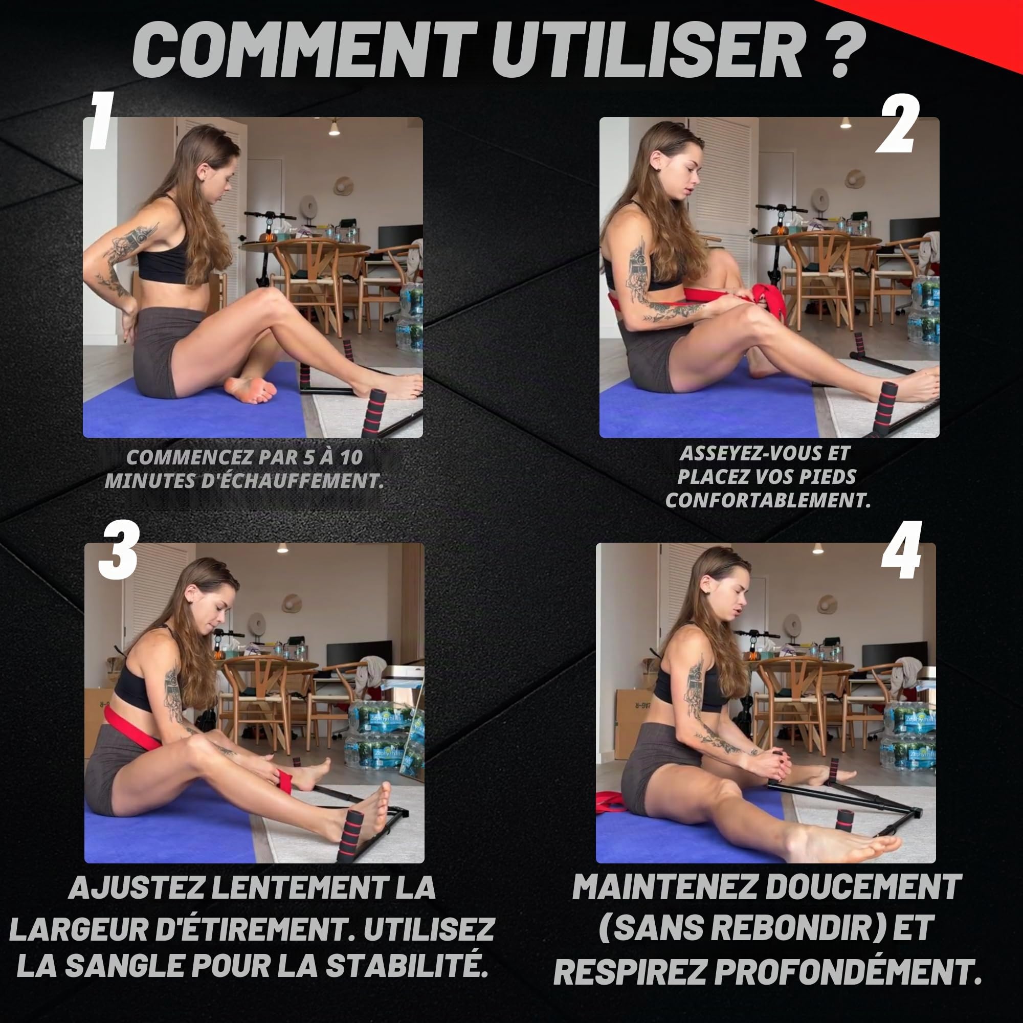 Barre d’écartement – réglage à 6 niveaux, écarteur de jambes réglable 3 bras acier inox, grand écart 180°, stretching ballet, arts martiaux, poignées antidérapantes, sangle incluse, pliant