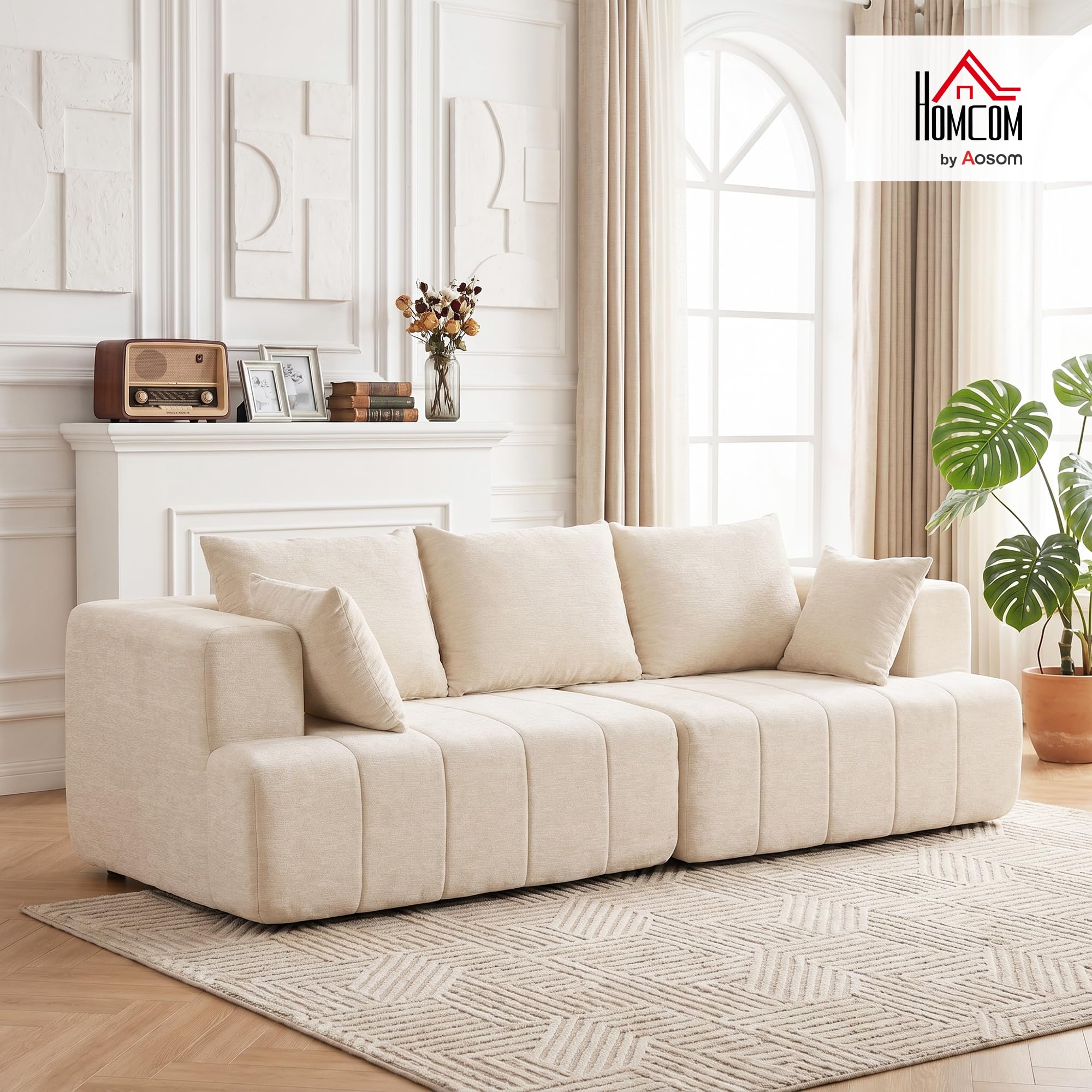 HOMCOM Canapé 3 Places en Chenille 248 cm Large Assise Rembourrée Beige