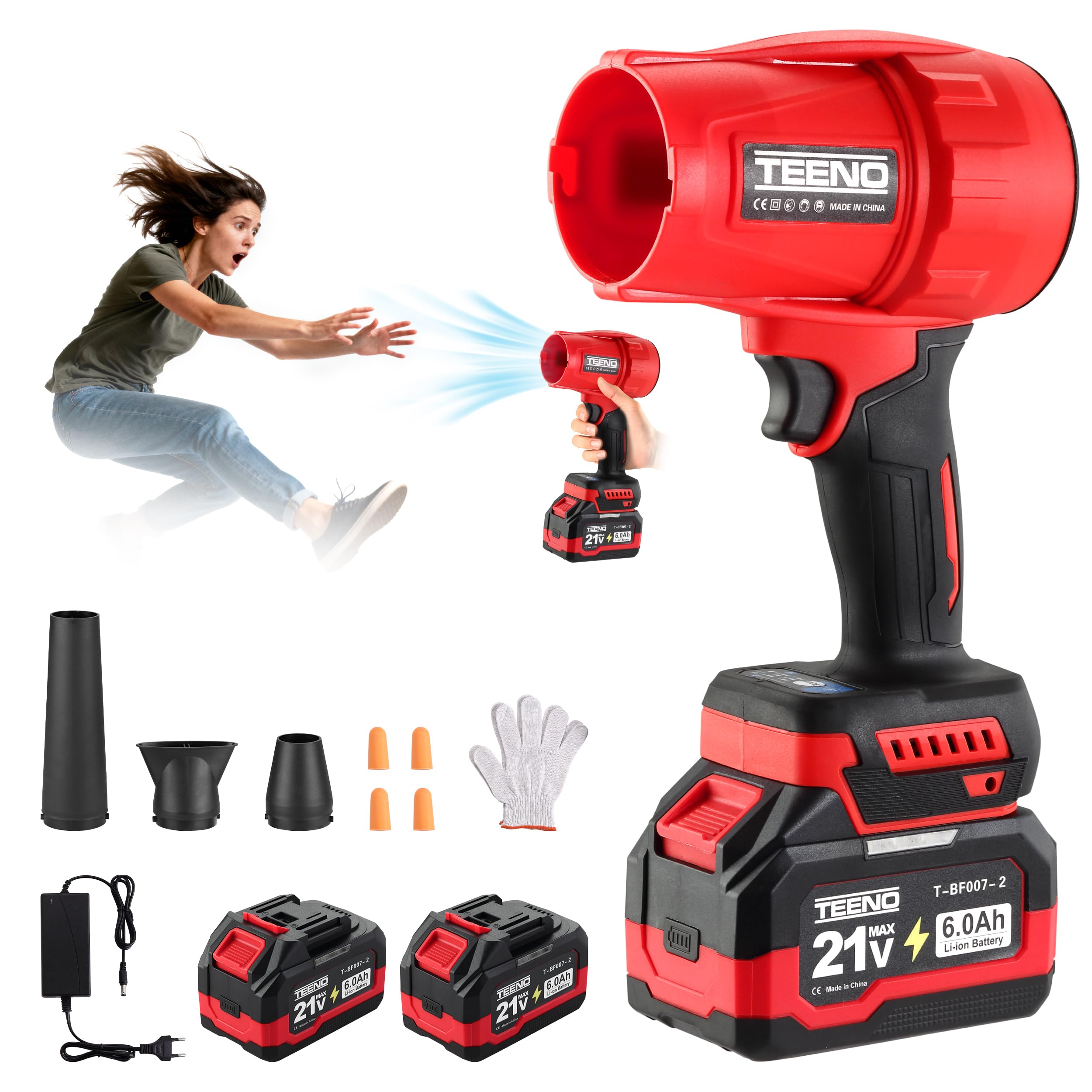 TEENO Soplador de Hojas | 35000 r/min | Potente Soplador de Hojas Recargable | Soplador de Aire Portátil con 2 6000mAh Baterías | 3 Modos de Velocidad | Soplador de Mano para Jardineria, Coche