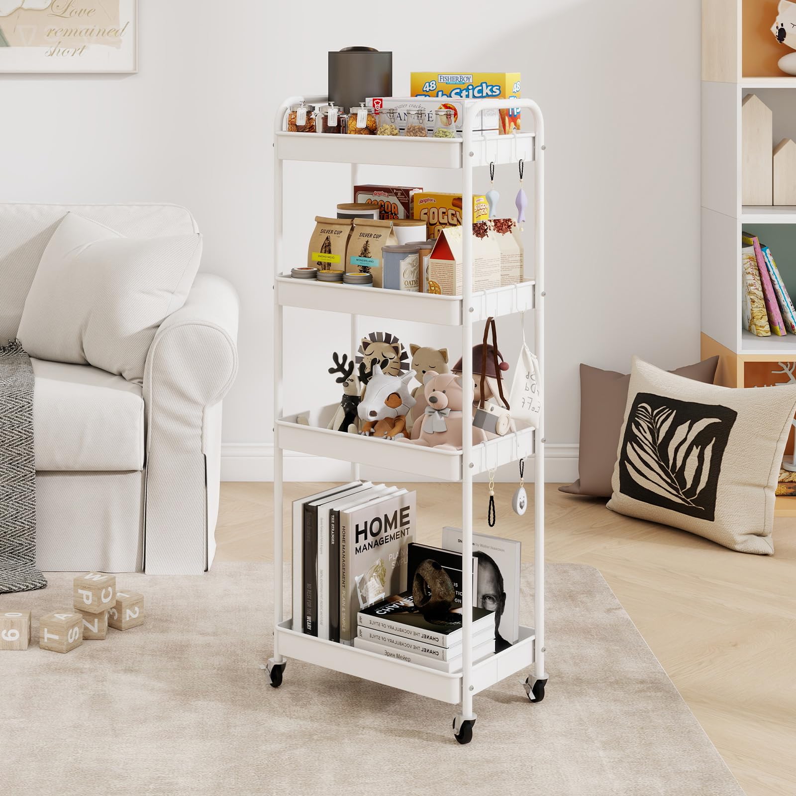 PUNCIA Chariot de Rangement en Métal Desserte à roulettes à 4 Niveaux | Chariot Cuisine avec 6 Crochets Trolley de Service Facile à Installer et à Nettoyer pour Salon Salle de Bain Bureau (Blanc)
