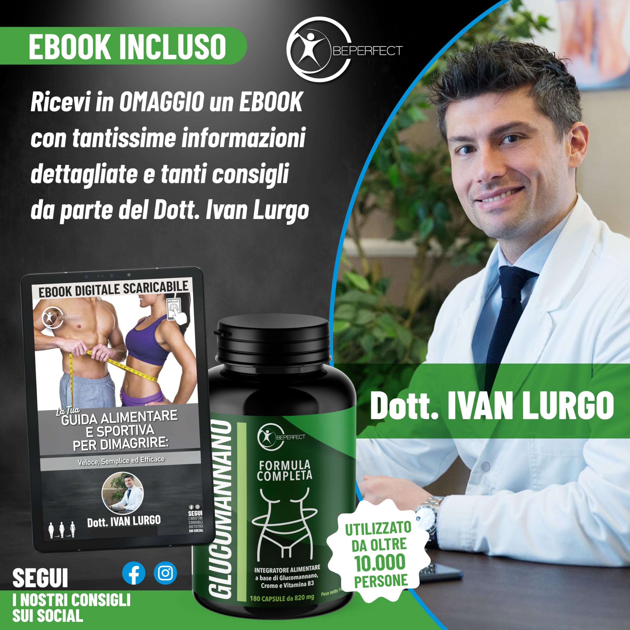 BePerfect Glucomannano Forte Purificato 4000mg 180Cps | Integratore Naturale Arrichito con Cromo e Vitamina B3