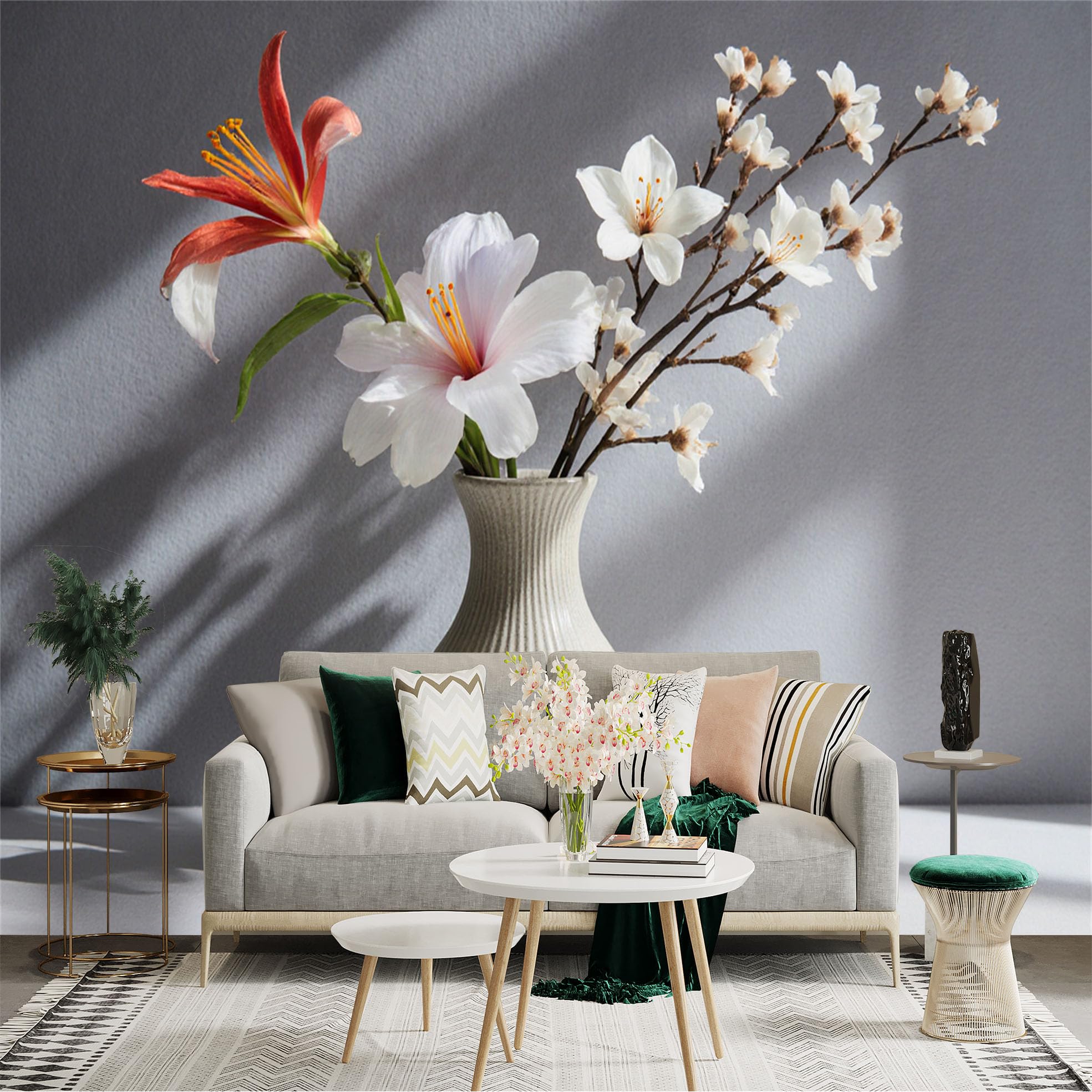 Custom Size Wall Sticker Mural， Elegant Flower Vase with Lily and Blossoming Branches， Minimalist Botanical Still Life， for wall Decoration， peelandstick wall Decals.