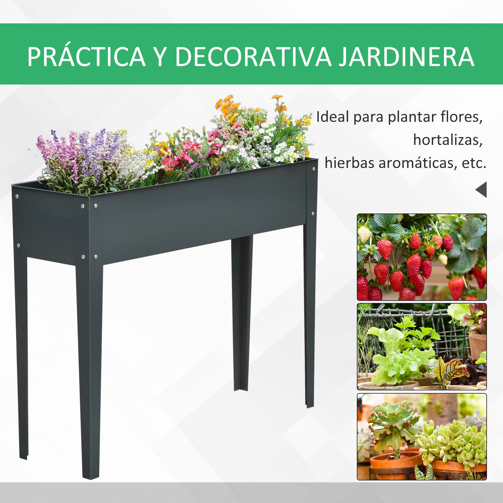 Outsunny Huerto Urbano Elevado Rectangular 100x30x80 cm Gris | Mesa de Cultivo para Plantas, Verduras y Flores con 3 Orificios de Drenaje