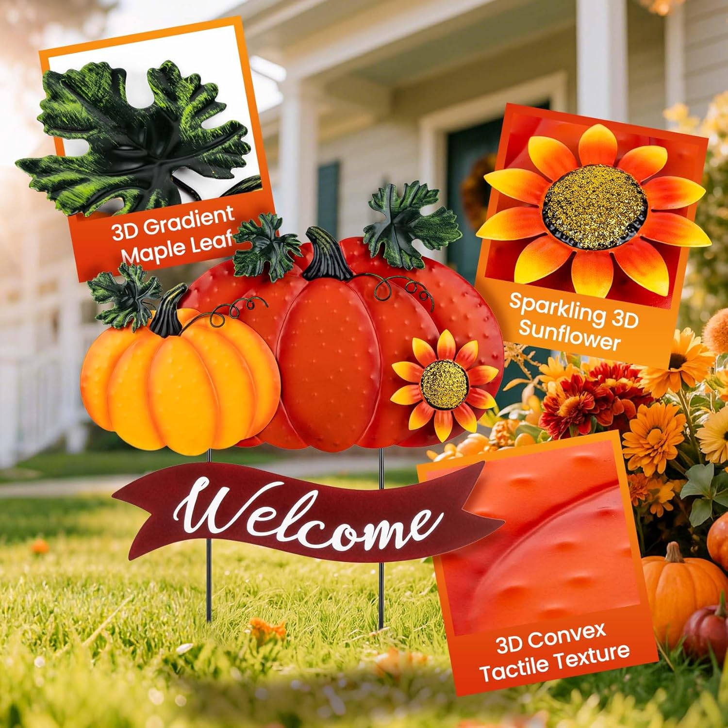 Fall Decorations for Home Outdoor - 21.2" Metal Pumpkin Yard Stakes with 2-Pumpkin Welcome Sign & Glitter Sunflower - Decorative Garden Stakes for Outside Garden Yard Lawn Patio Porch Decor