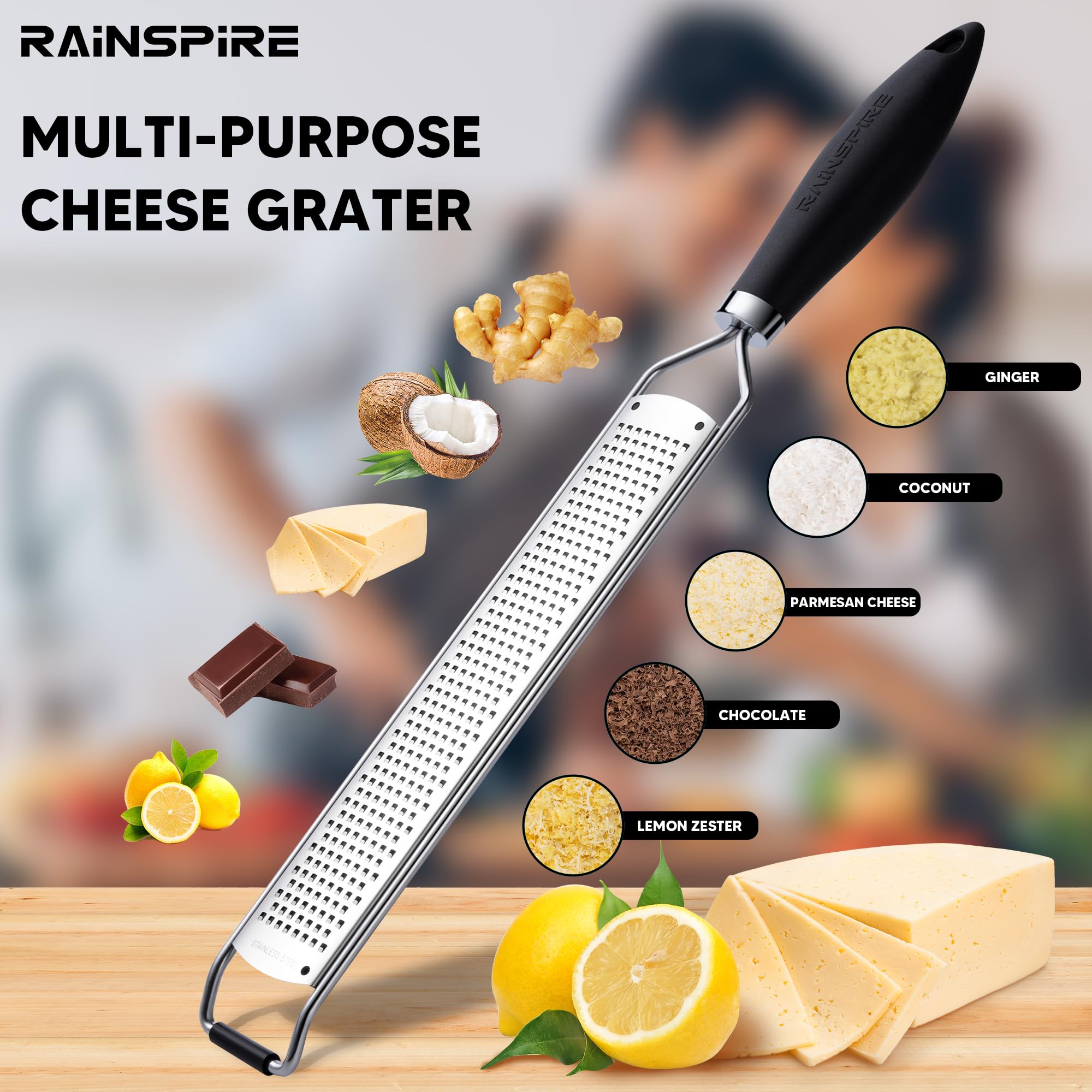 Verbesserte Zitrus-Zitronen-Reibe, leicht zu reinigen, spülmaschinenfest, für Ingwer, Knoblauch, Parmesan, Käse, Klinge aus 304 Edelstahl, Schutzabdeckung, Backzubehör, schwarz