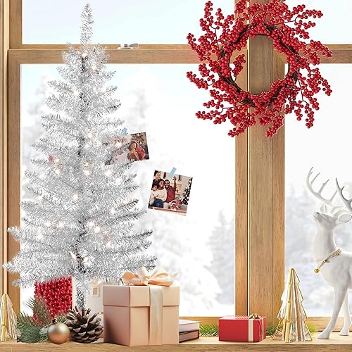 Miniatura 10 de Árbol de Navidad negro de Halloween de 4 pies, árbol de Navidad artificial con luces, 50 luces, mini árbol de mesa para el hogar, tiendas y