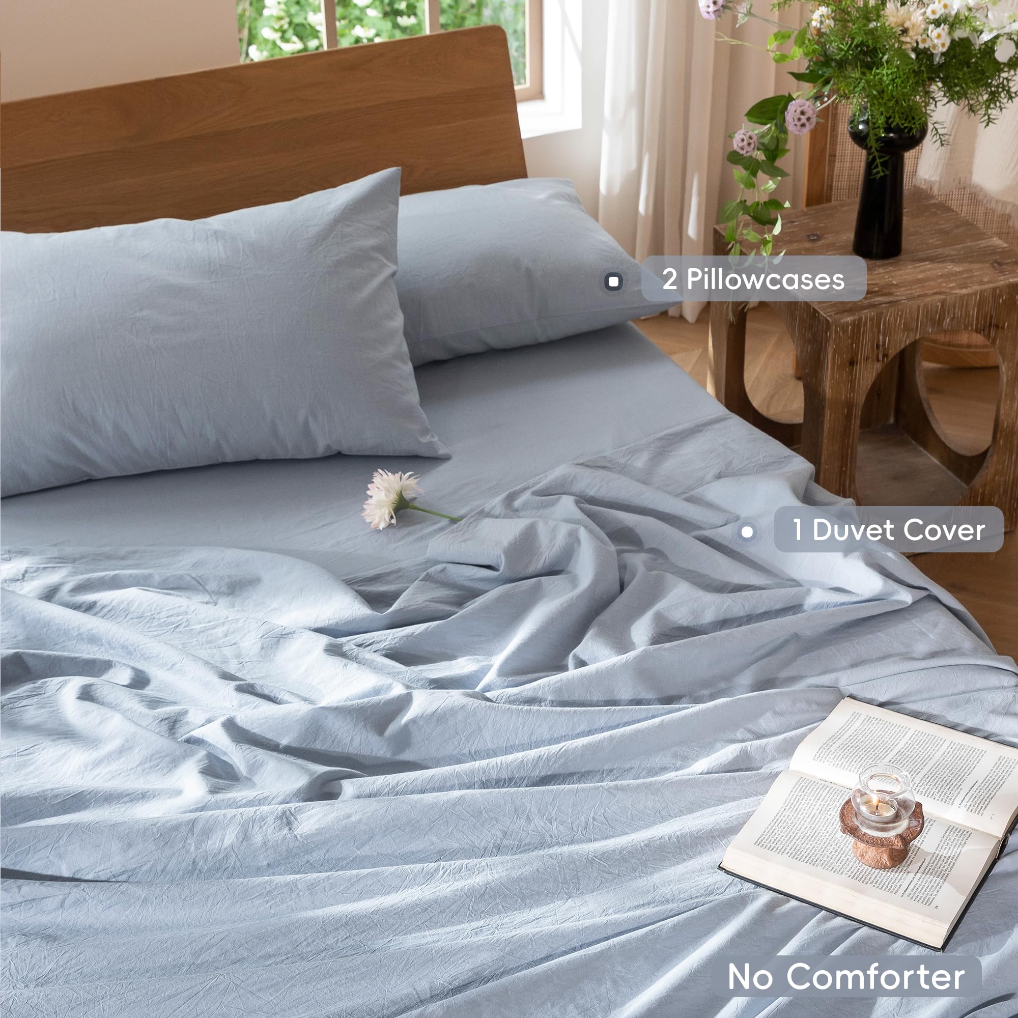 MooMee Bedding Duvet Cover Set 100% Washed Cotton Linen Like Textured Breathable Durable Soft Comfy (Heathered Cornflower Blue, Palatial King/Oversized King 120