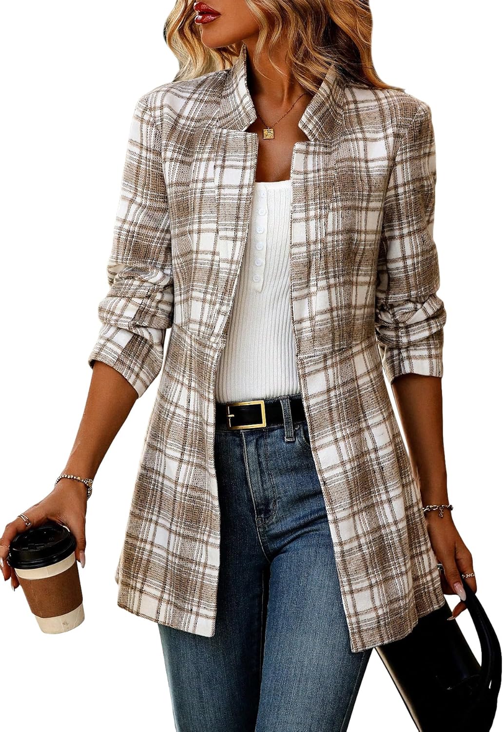 Floerns Women’s Plaid Print Long Sleeve Collared Neck Open Front Overcoat Outerwear Floerns Women’s Plaid Print Long Sleeve Collared Neck Open Front Overcoat Outerwear