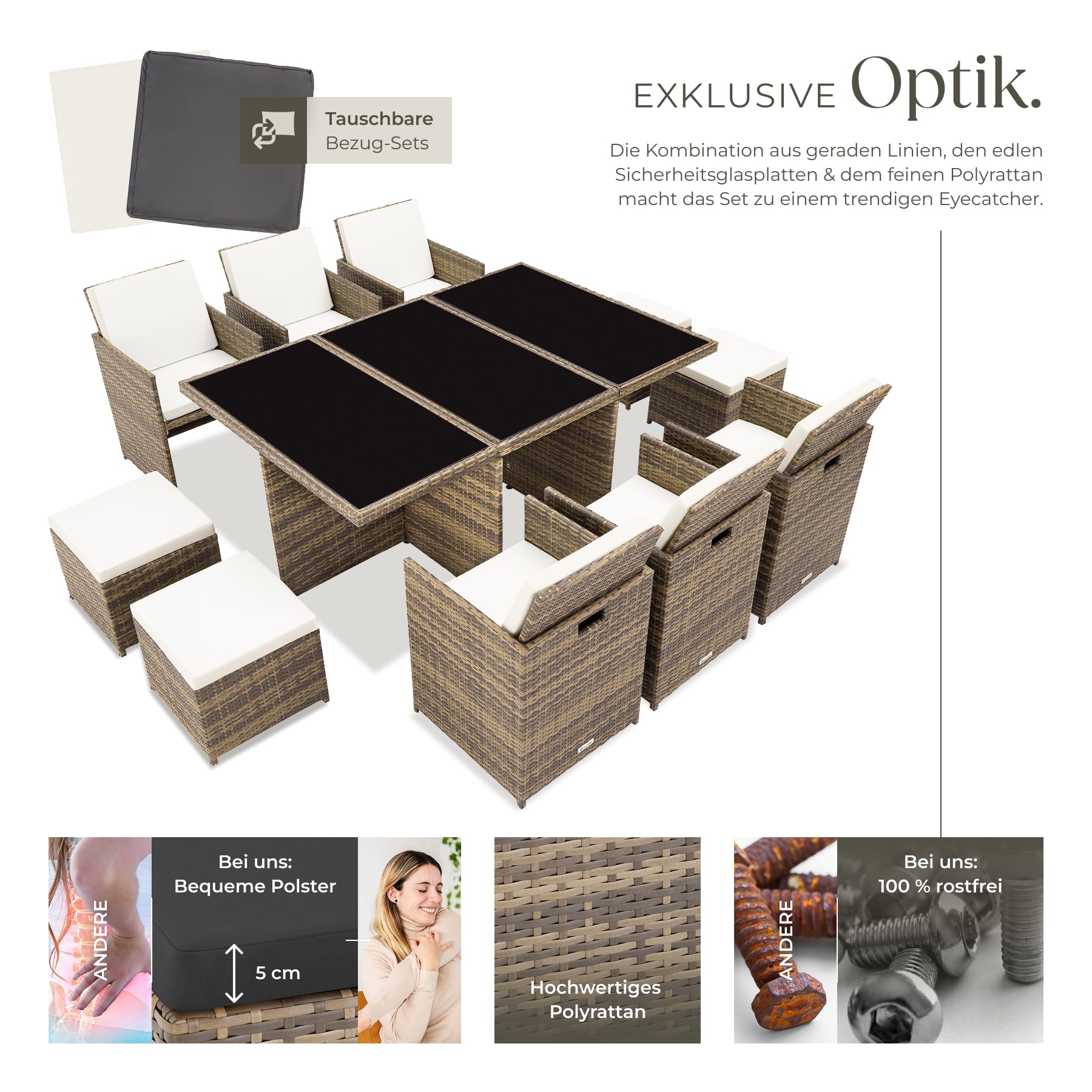 tectake® Polyrattan Gartenmöbel Set, Sitzgruppe mit 6 Stühle + 1 Glasplatte Tisch + 4 Hocker, Gartenlounge Set klappbar mit Aluminium Gestell, für 10 Personen, Balkon Möbel, inkl. 2 Bezugsset - Natur