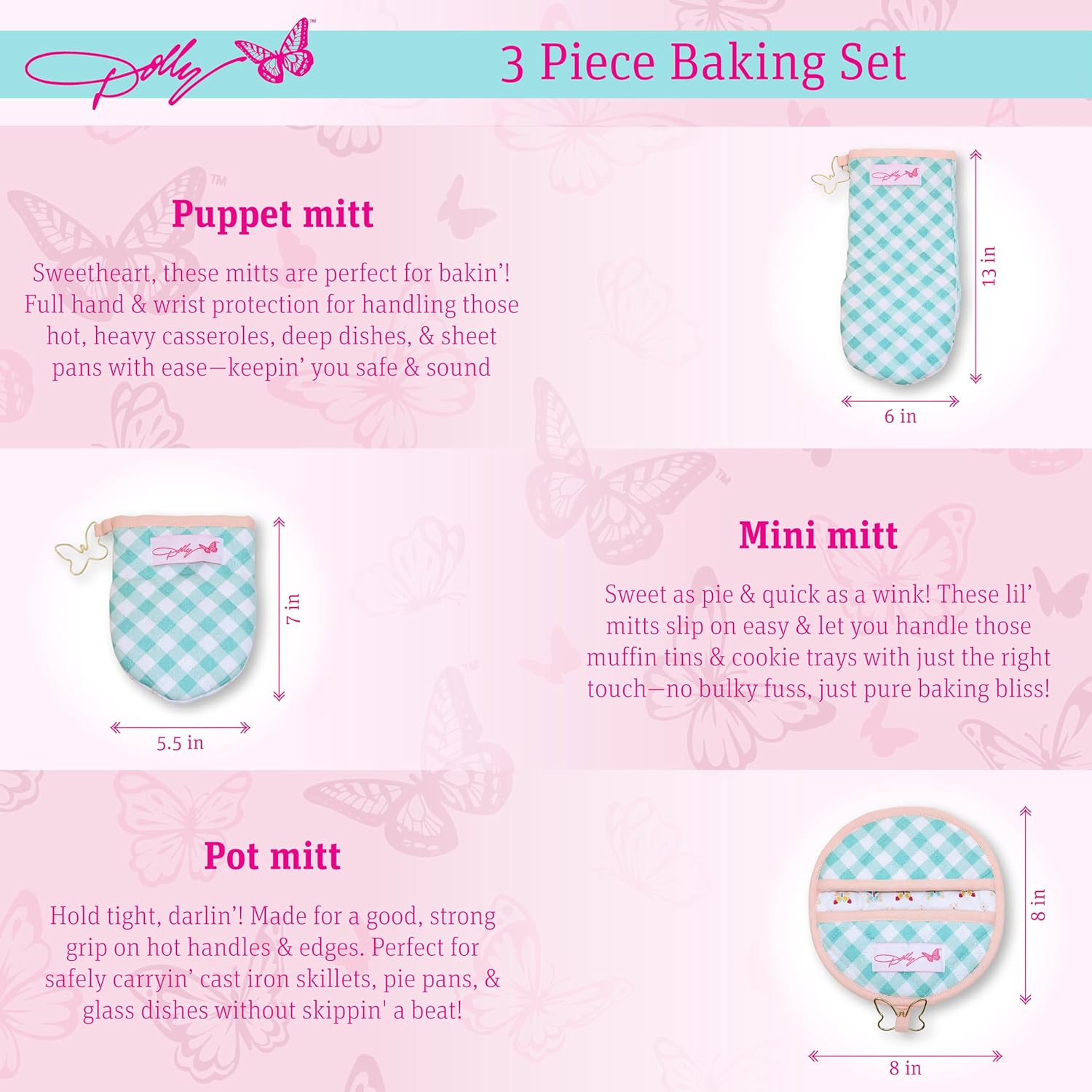 Dolly Parton Kitchenware Quilted Baking 3-pack Oven Mitten Set - 100% Cotton Soft Durable Mini Mitt, Puppet Mitt and Pot Holder with Metal Grommet Butterfly Dolly Signed for Kitchen Décor - Teal Plaid