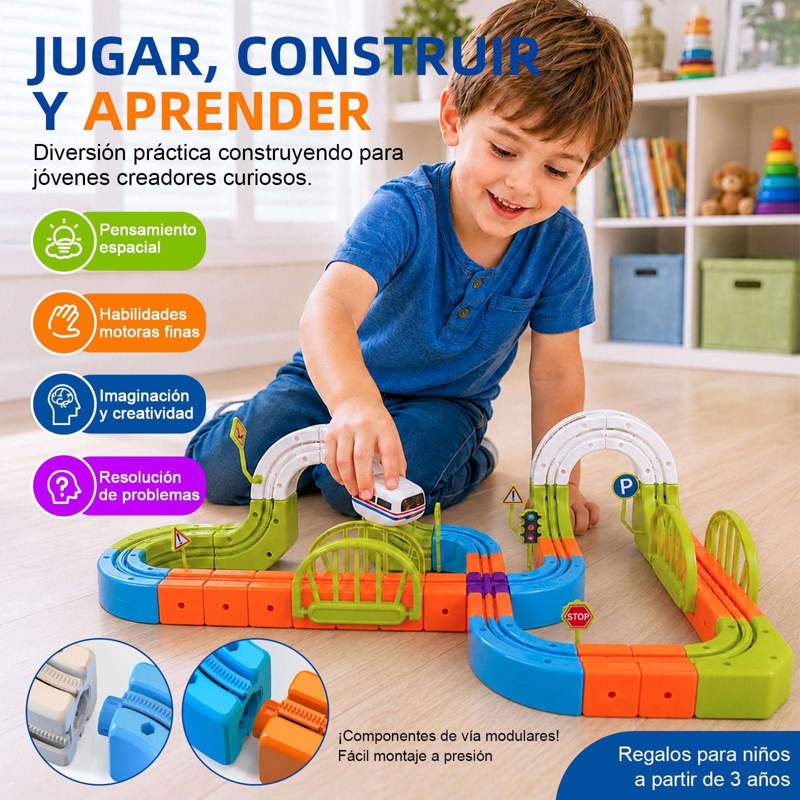 Circuito de Tren eléctrico de Cubos de 145 Piezas, Set de Tren 3D antigravedad, Juguete de vías DIY para Construir, Juguete Educativo Stem y Regalo Creativo para niños de 3 a 8 años