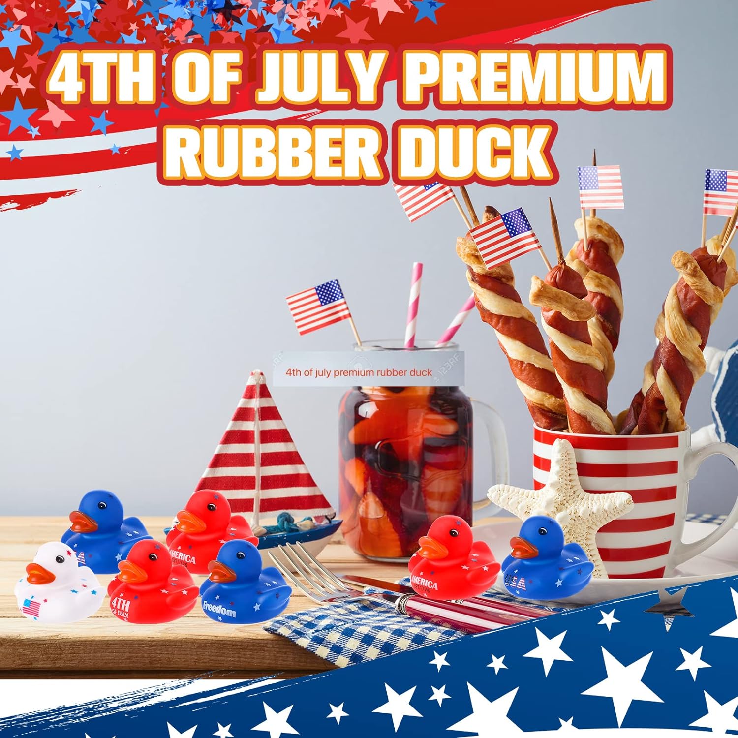 Sratte 50 Pcs Patriotic Rubber Ducks 2'' Blue Red White Mini Ducks in Bulk for USA 4th of July Memorial Day Independence Day Party Favors Decor Supplies Star Rubber Baby Bath Toys for Kids Adults