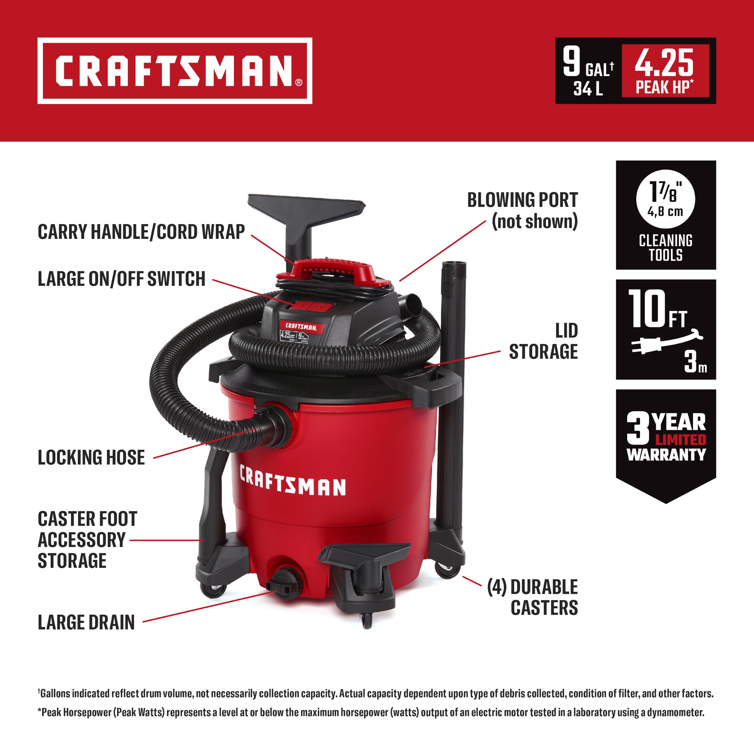 CRAFTSMAN CMXEVBE17590 Przenośny odkurzacz warsztatowy do pracy na mokro i sucho, pojemność 34 l, moc szczytowa 4,25 KM, z filtrem, workiem na kurz, wężem i akcesoriami, do domu, garażu i samochodu