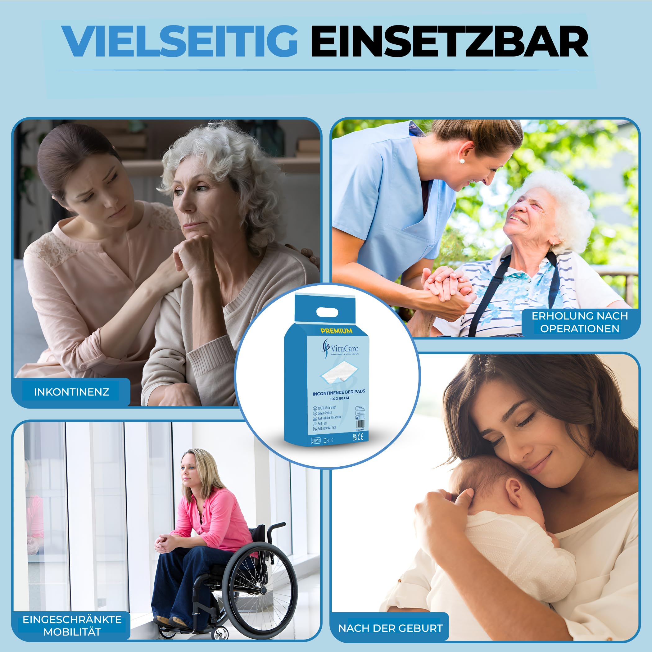 20 x Inkontinenzunterlagen | 150x80 cm | Einweg Bettunterlagen bei Inkontinenz | Extra groß | wasserdichte Betteinlagen (1 Packung mit 20 Stück)