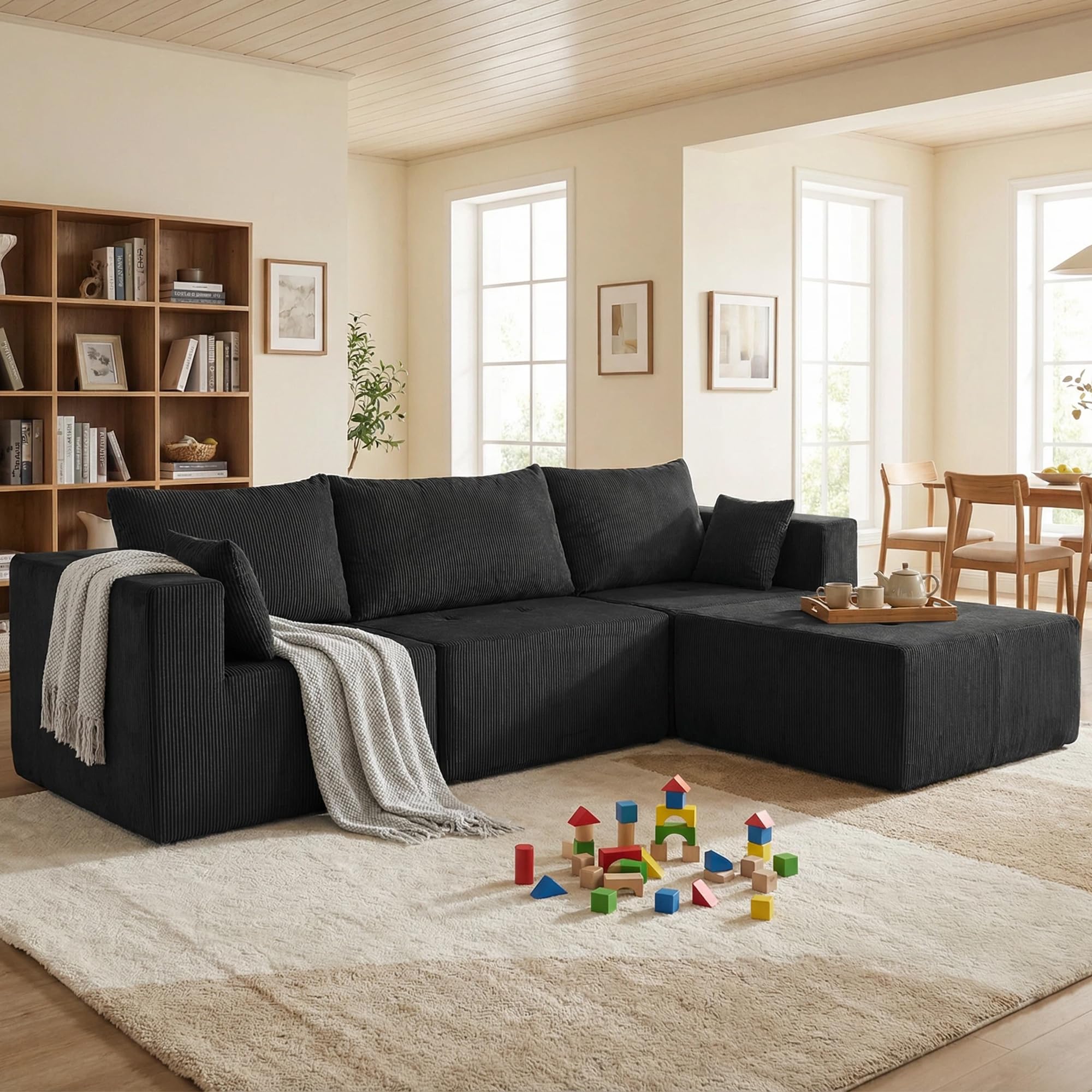 4-Seater Boneless Cloud Couch with Movable Chaise Ottoman Modular Sleeper Couch with Chaise Lounge Ultra Soft Corduroy Fabric