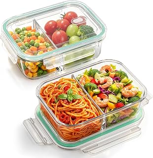 Wwtop Glasbehälter mit Deckel, 2 x 1000ml Meal Prep Boxen Glas 2 Fächer, Frischhaltedosen Glas mit Deckel Luftdichter, BPA-Frei Glasdosen mit Deckel Set für Spülmaschine, Mikrowelle