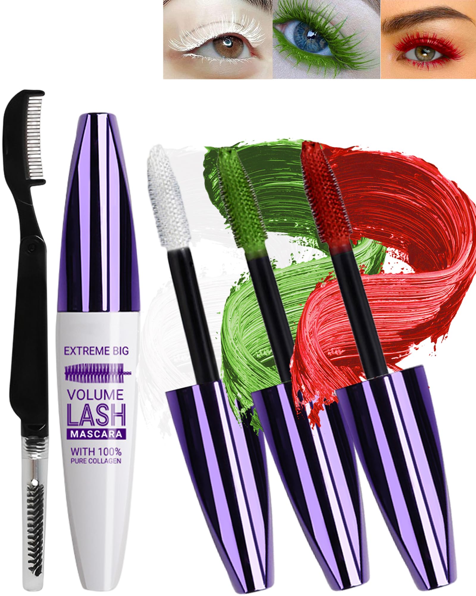 5D Verde Fibra de Seda Pestañas Rímel Impermeable con Cepillo Peine-Pestañas, Blanco Rojo Verde Telescopic Waterproof Colored Mascara Extensible, Voluminoso,Duradero,Cosplay Party Colorido Ojos