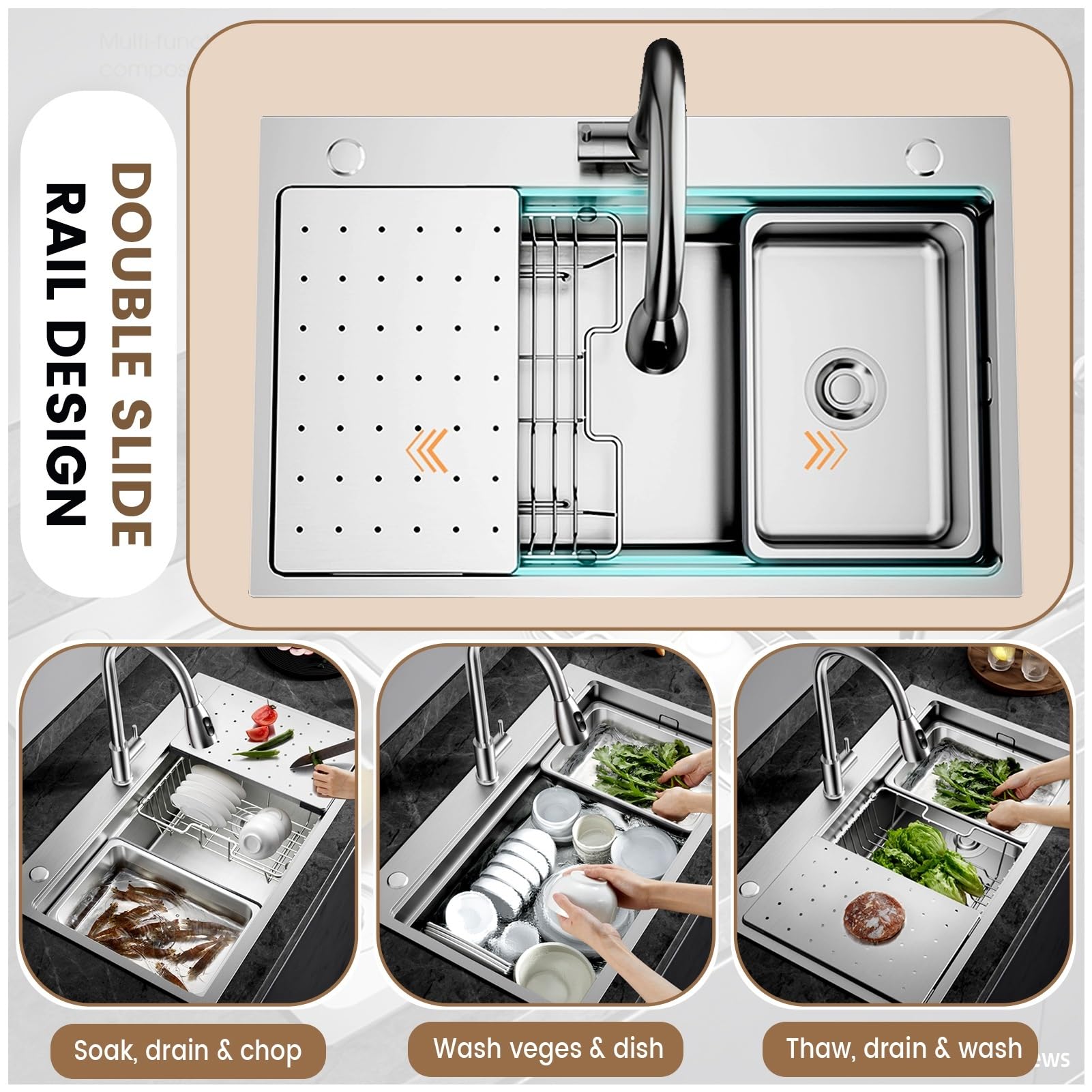 Fregadero de 65 x 50 cm de acero inoxidable 304, con sifón, escurridor, tabla de cortar, lavabo pequeño, fregadero de cocina grande y moderno, 1 lavabo, empotrable/instalación desde arriba