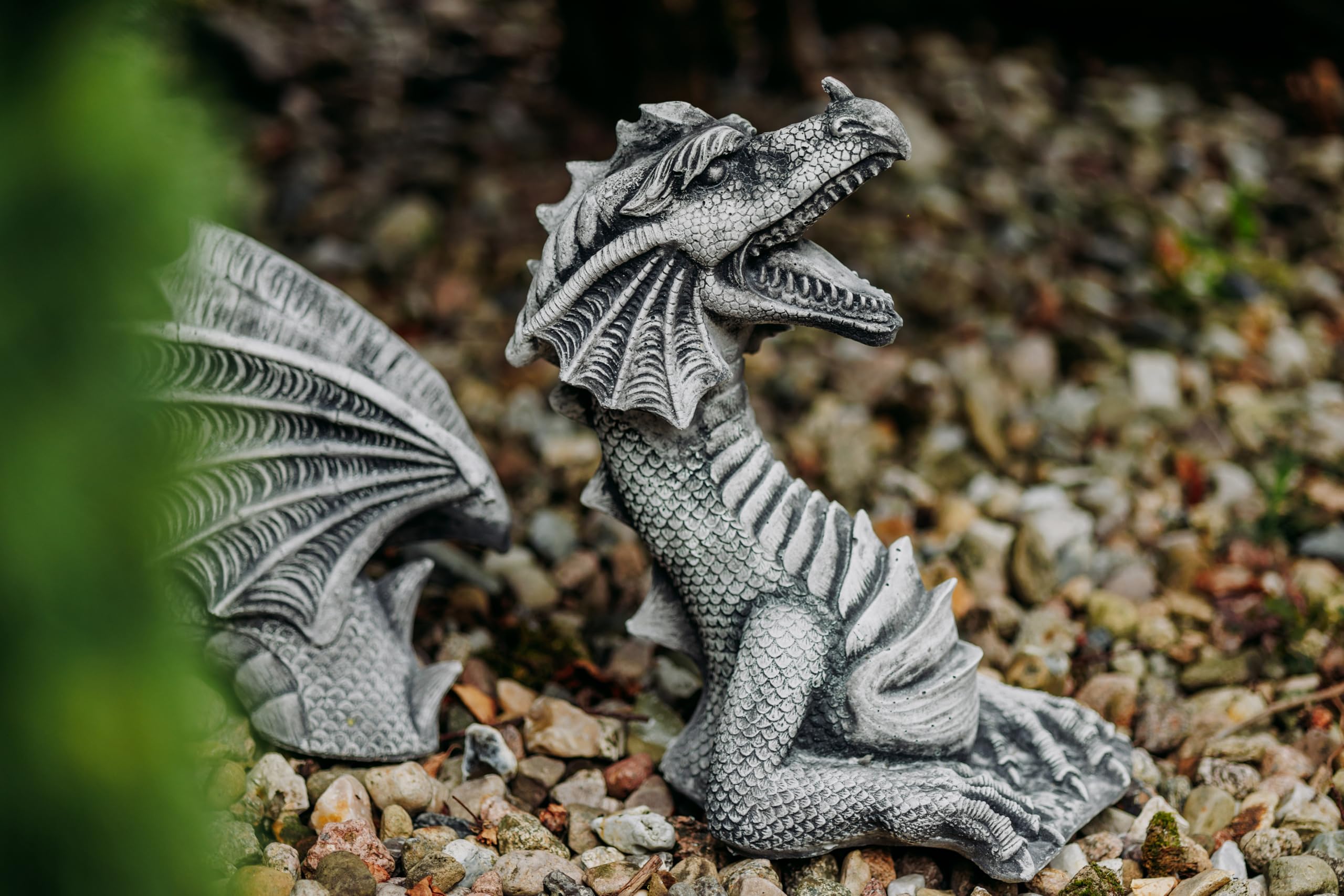 gartendekoparadies.de 3-teiliger Drache, Steinfigur, H. 35 cm, 11 kg, Grau, frostsicher aus Steinguss für Außenbereich
