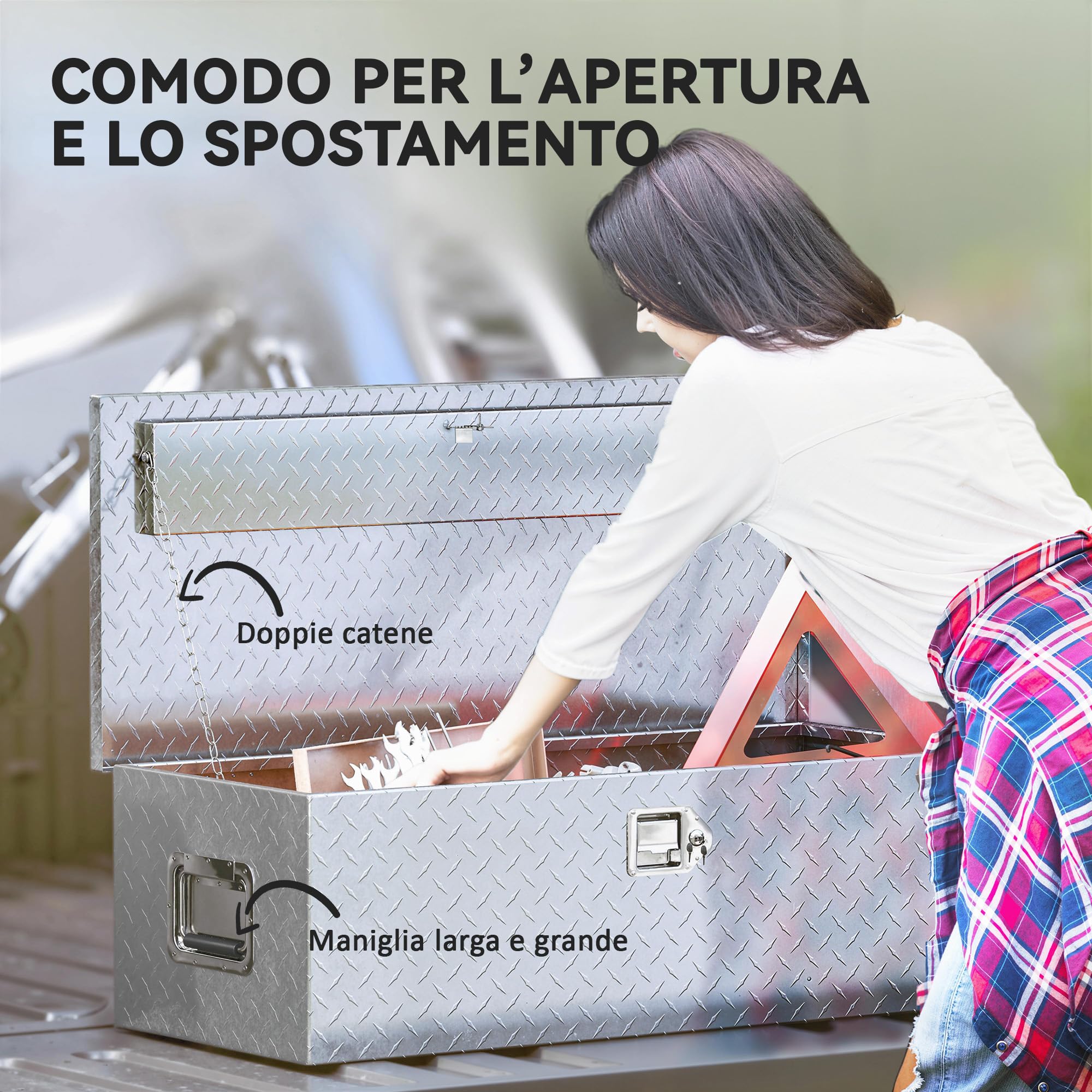 HOMCOM Cassetta degli Attrezzi in Alluminio con Serratura 2 Chiavi, Maniglia Laterale, Cassa Box Portautensili 43L Resistente, Scatola Portaoggetti per Pick-Up Camper Rimorchi, 76.2x33x24.4cm, Argento