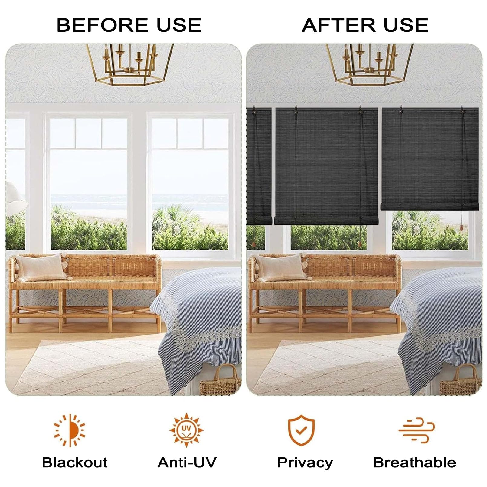 100x170cm Schwarz Bambusrollo für Fenster Sonnenschutz Sichtschutz Bambus Raffrollo Mit Lifter Outdoor Rollo Wetterfest Anti-UV Blackout Jalousie für Garten Terrasse Balkon Dekoration
