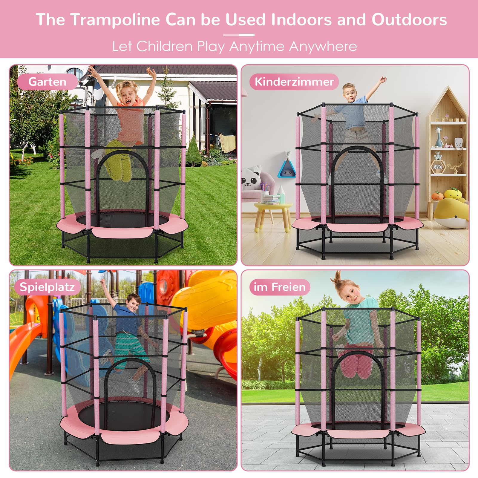 LIFERUN Trampolino per bambini, per esterni, Ø 140 cm, per interni e bambini, con rete di sicurezza, trampolino da giardino per allenamento e intrattenimento, fino a 50 kg