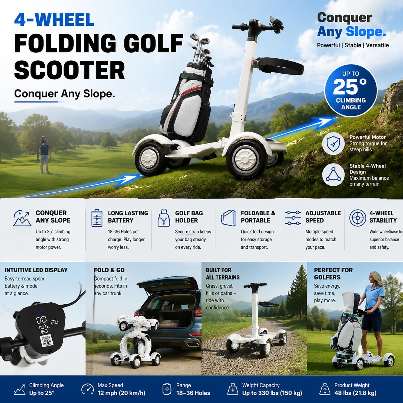 Buggy Golf Eléctrico con Pedal,Scooter Golf Plegado 4ruedas con Asa,Soporte Marcha Adelante/Marcha Atrás, Estacionamiento En Pendiente Fácil Ascenso,Alcance hasta 30km,Soporte Carga 200kg