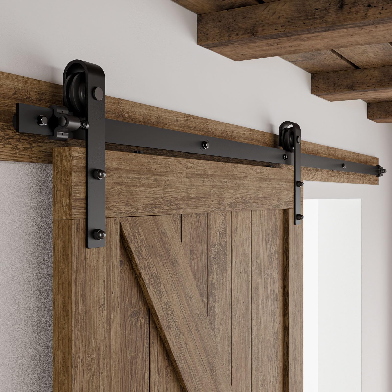 CCJH 4FT Single Sliding Barn Door Hardware Kit Black Basic Roller Carbon Steel Hanger Flat Track System for Closet Kitchen 1 Door 24 inch Wide