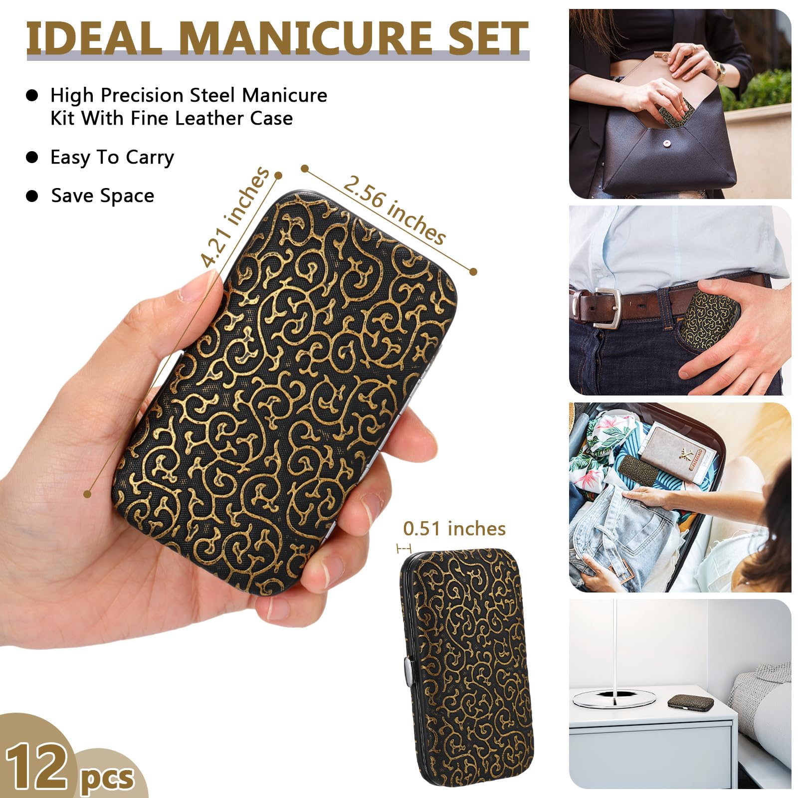 Geosar Set da 12 set per manicure e pedicure, in acciaio inox, professionale, per la cura delle unghie, con lussuosa custodia da viaggio per la cura delle unghie (stile moderno)