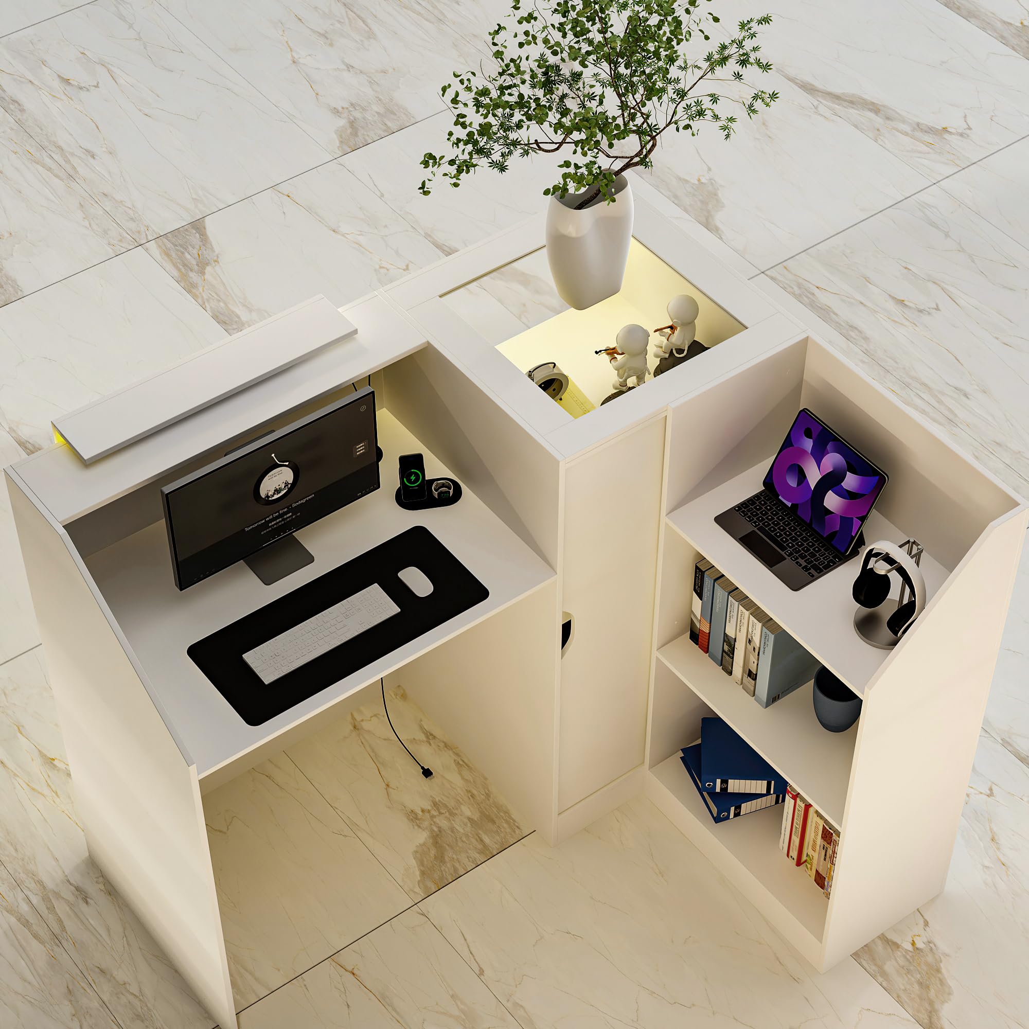 Cassetto angolare bianco con cassetto tastiera e 2 armadi, cassette ricezione con strisce luminose e vetro tempered, tavolo reception 120x122
