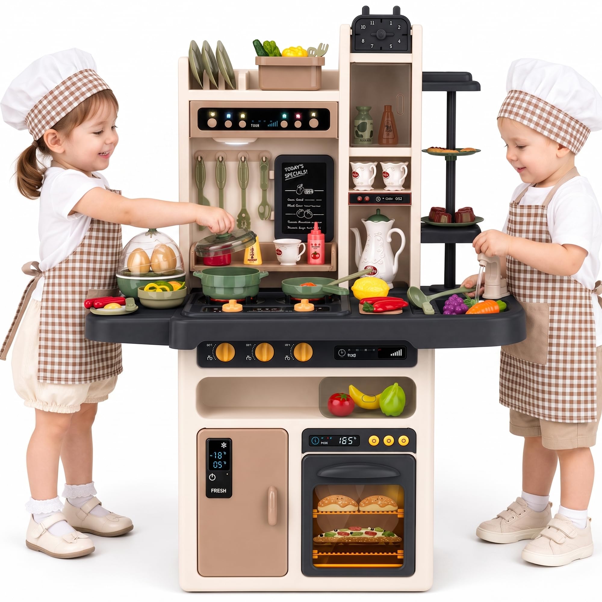 Kinderplay Cuisine Enfant - Hauteur 93.5 cm, Plan De Travail 46 cm - 65 Accessoires | Dinette | Cuisine Fille Complete, KP3297