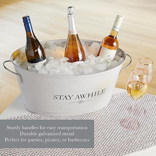 Miniatura 4 de Twine Stay Awhile Cubo de hielo galvanizado pintado blanco y bañera de metal, bañera de hielo para bebidas para fiestas en capacidad de 6.3 galones
