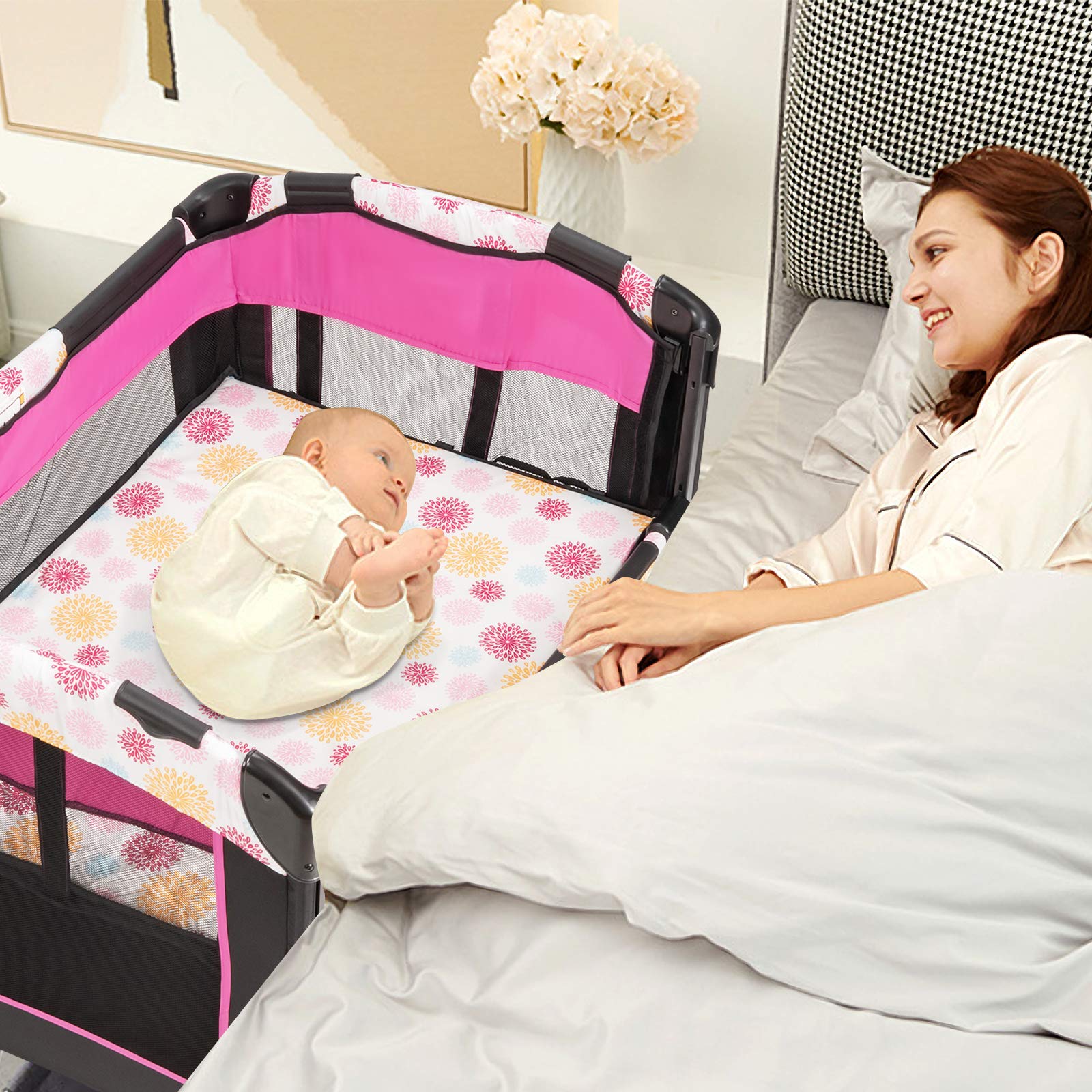 COSTWAY 3 in 1 Lettino da Campeggio per Bambini, Culla per Neonati con Materasso Pieghevole, Fasciatoio, Giocattoli e Ruote, Box per Bambini 0-36 Mesi, 107 x 72 x 119 cm (Rosa)