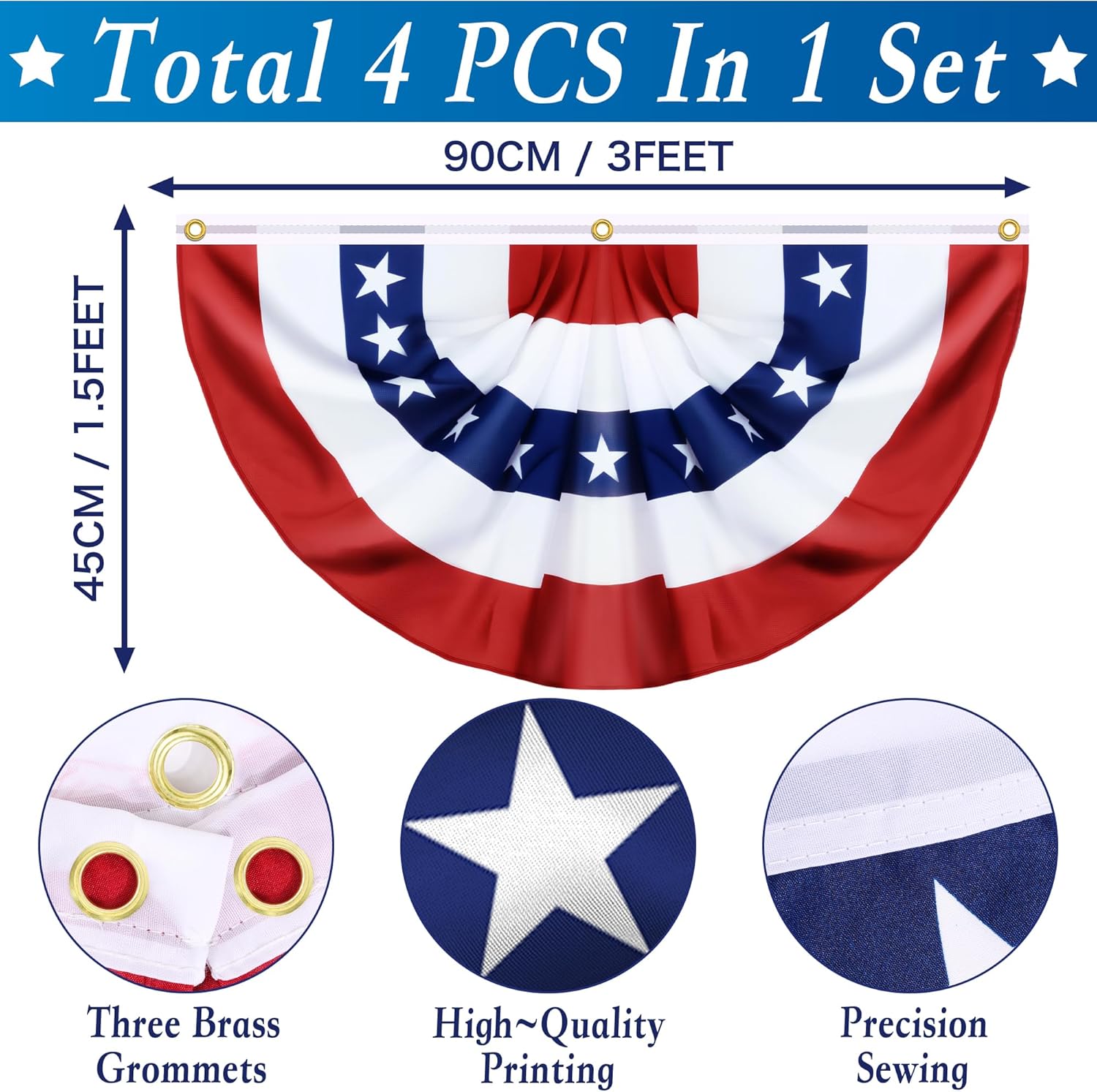 4 Pack 1.5 X 3 FT USA Pleated Fan Flag 4th of July Decorations, American Bunting Flag Patriotic Half Fan Flags Banner Fourth of July Decorations 100% Polyester Memorial Independence Day Outdoor Decor