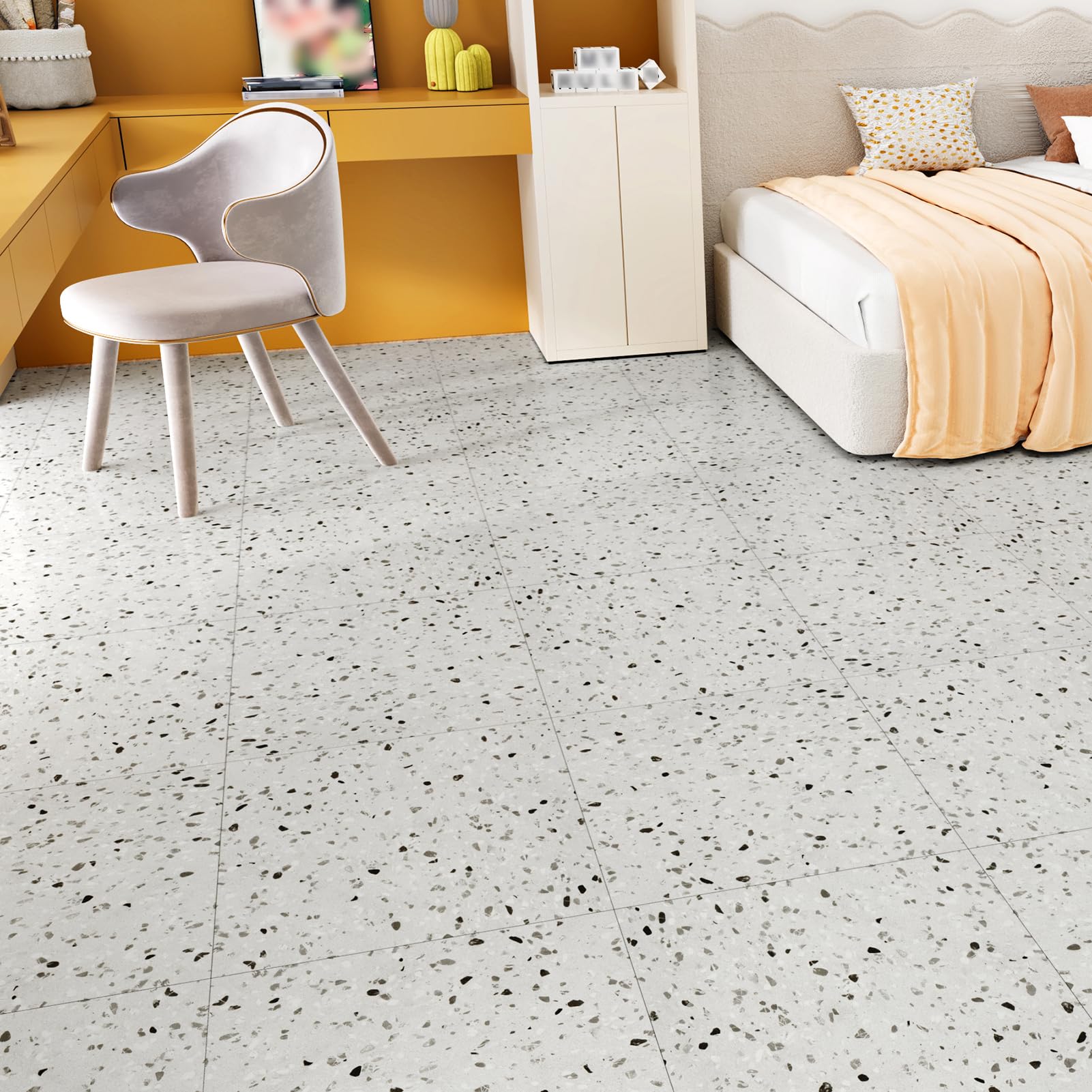 Gray Faux Terrazzo Peel and Stick Floor Tile Bathroom Flooring 12x12 in Self Adhesive Vinyl Floor Tiles Peel and Stick Waterproof Removable Laminate Linoleum Flooring for Kitchen Room 4PCS