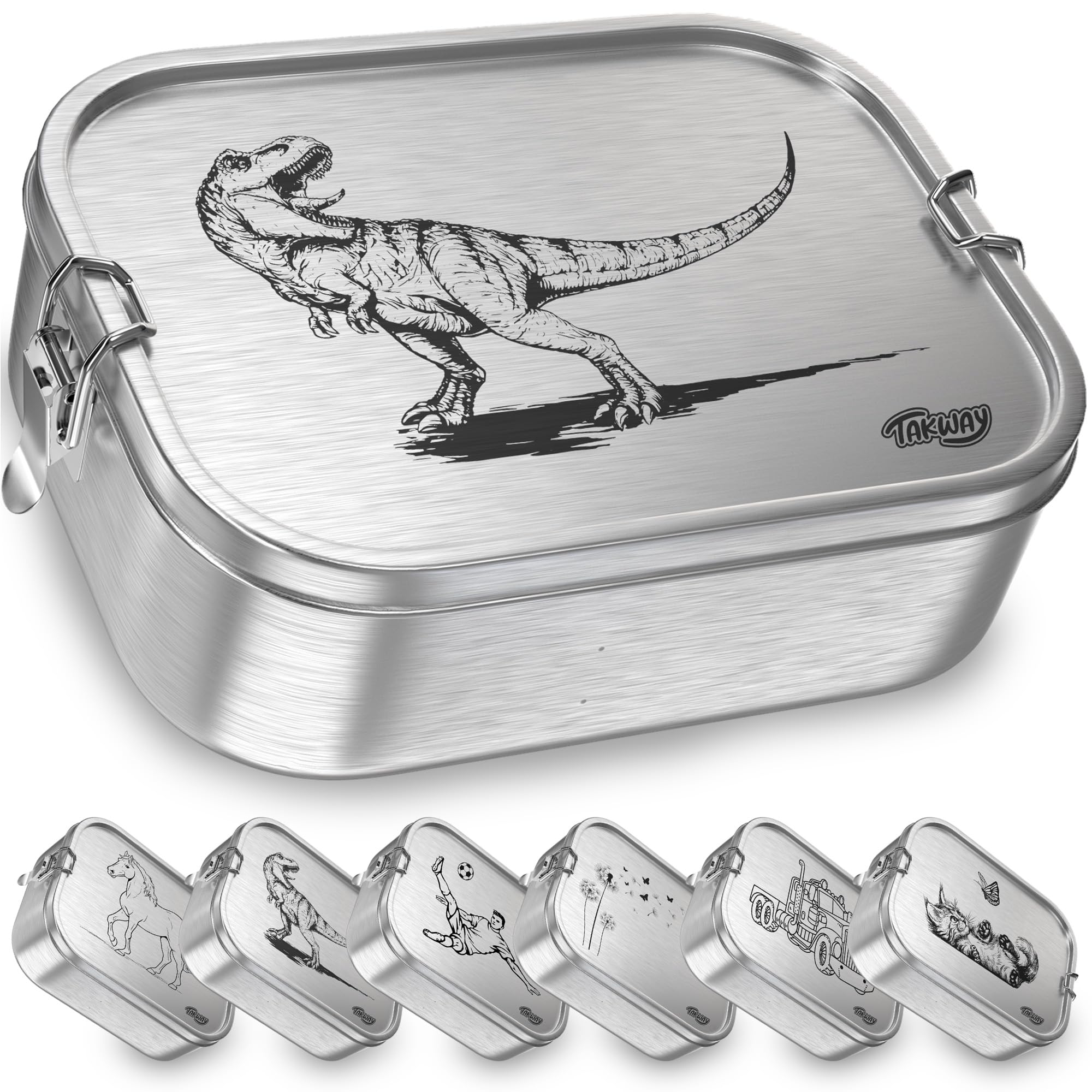 Edelstahl Brotdose mit Fächern 800ml – Auslaufsichere Lunchbox für Kinder & Erwachsene, Bento Box mit flexibler Unterteilung, für Kindergarten, Schule & unterwegs (Dino, 3-Fächer)