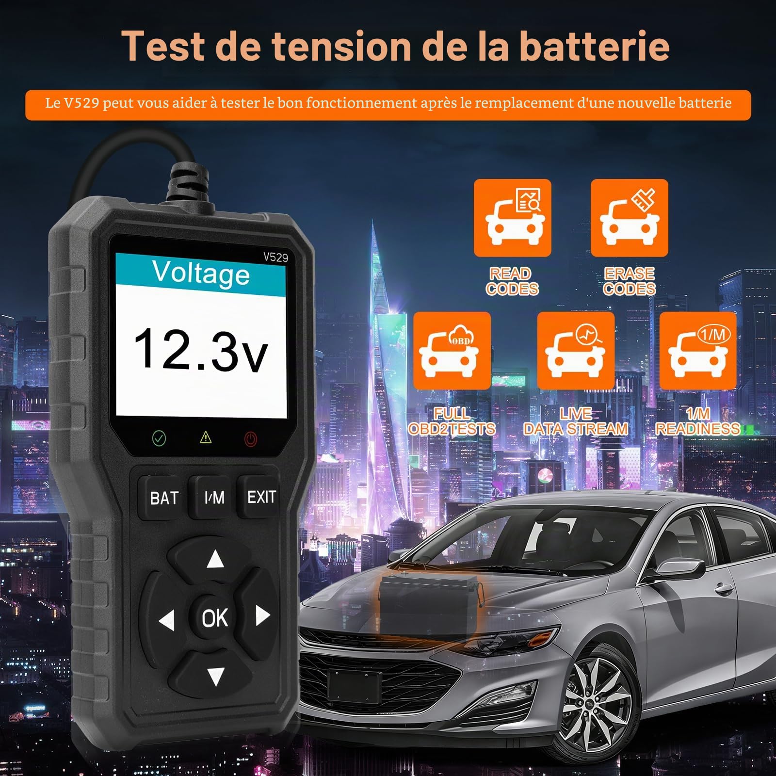 Appareil de Diagnostic OBD2 Universel pour Voiture et Moto - Lecteur de Code de Défaut avec Écran Couleur HD, Surveillance de Batterie - Outil de Diagnostic Complet pour Véhicules 12V