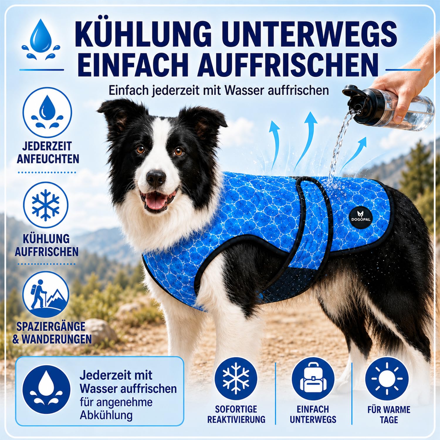 DOGOPAL Kühlweste Hund, Kühljacke für Hunde mit Wasseraktivierung & UV-Sonnenschutz für heiße Tage, Leichte Atmungsaktive Sommer-Hundeweste mit Stehkragen für Gassi & Outdoor (Blau, XL)