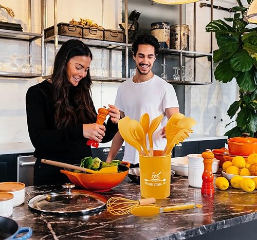 Miniatura 10 de Juego de 4 utensilios de silicona, espátulas sólidas antiadherentes, cucharas ranuradas azules resistentes al calor con mango de acero inoxidable,