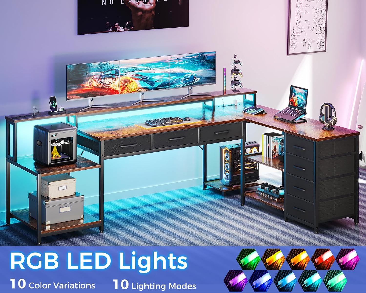 The AODK L Shaped Desk illuminated by RGB LED lights, showcasing various color options and lighting modes.