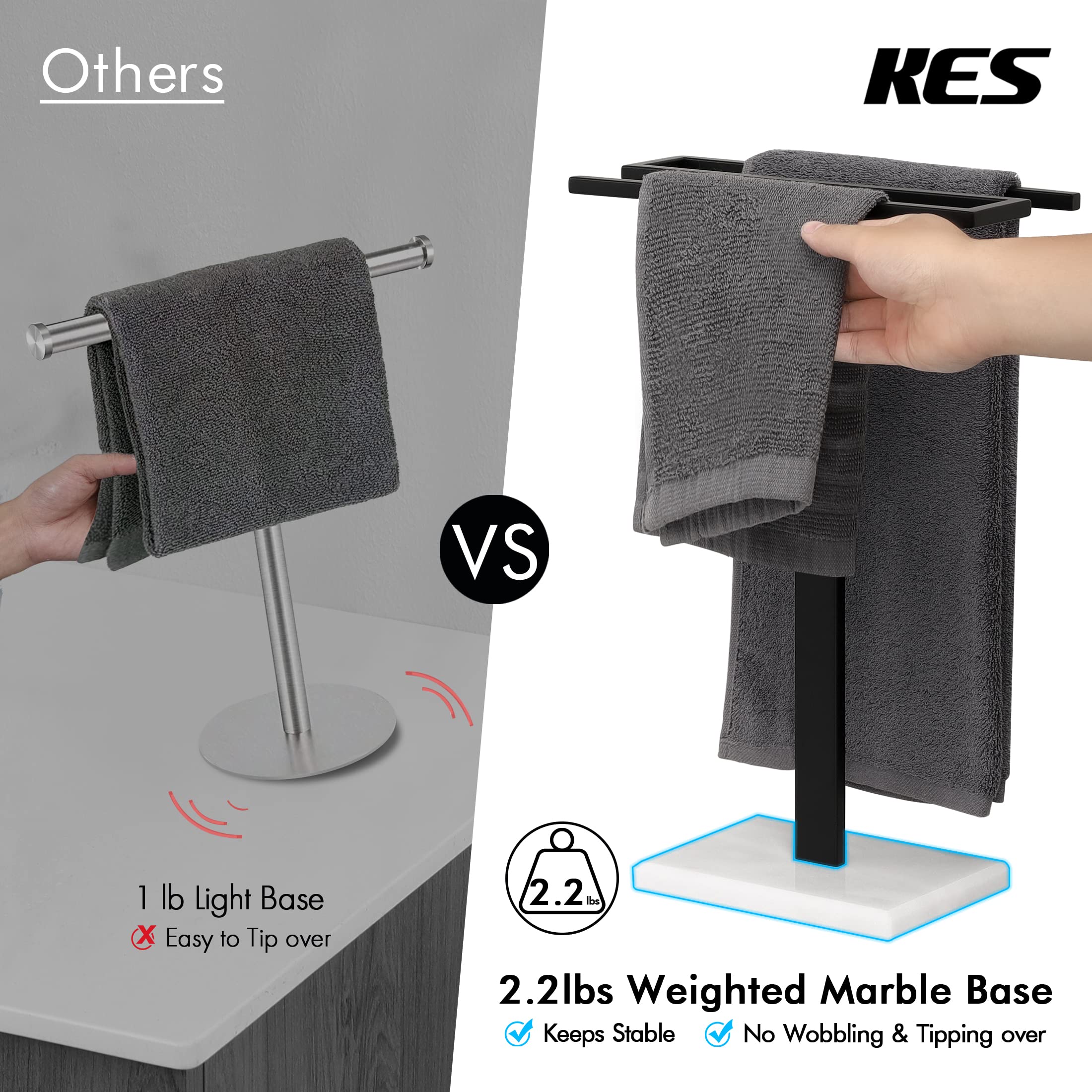 KES Black Hand Towel Holder, Free Standing Towel Rack Towel Stand S-Shape with Marble Base for Bathroom Countertop SUS304 Stainless Steel Matte Black, BTH223-BK
