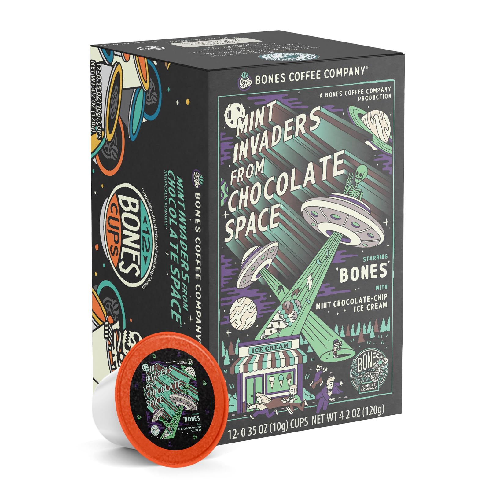 Bones Coffee Company Mint Invaders, Mint Chocolate Chip Flavored Coffee Pods, Low Acid Medium Roast Single-Serve Bones Cups, Compatible with Capsule