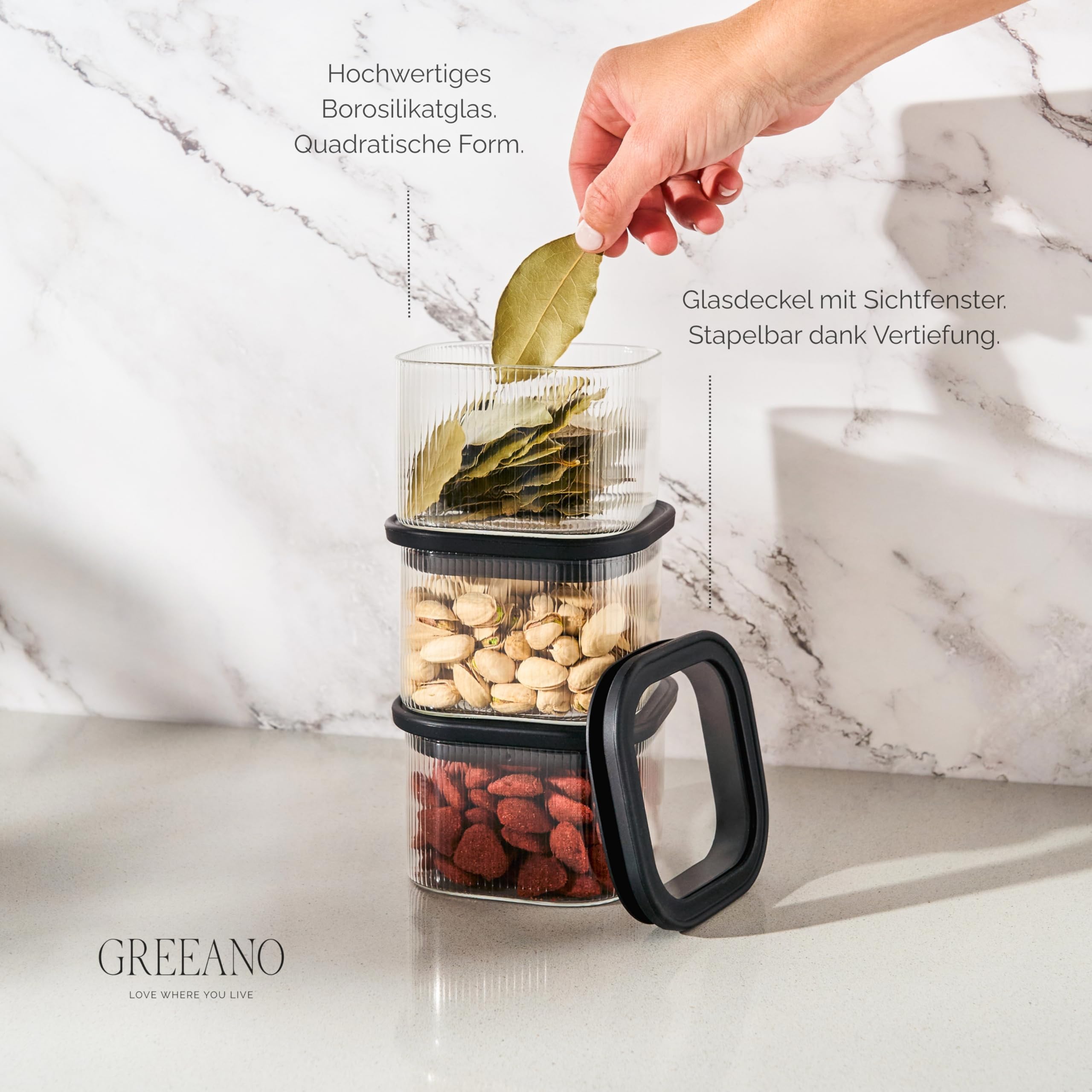 Riffel - Barattoli rettangolari con coperchio in vetro, 400 ml, set da 6 pezzi, ermetici e antitarme, barattoli da cucina per alimenti, pasta, farina, cereali, caffè