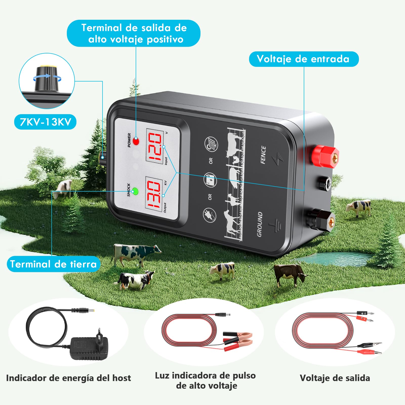 15 KM Cerca Eléctrica para Animales, Voltaje ajustable 7-13KV Energizador de Cerca Eléctrica 2J con Pantalla LCD, Controlador de Pulso de Alto Voltaje, Cerca Eléctrica Segura para Granjas, Pastos