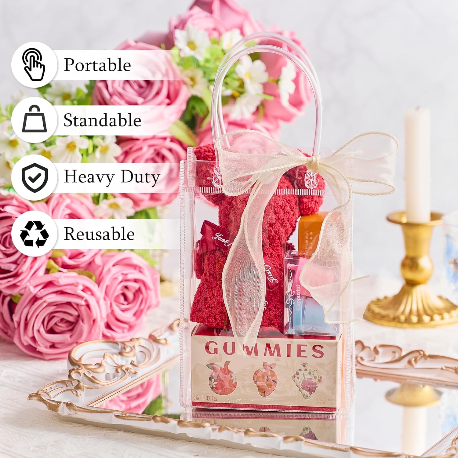 Ohuimrt 30 PCS Clear Plastic Gift Bags with Handles, 4.9 x 7.5 x 3.15 Inches Reusable Party Favor Bags with Ribbon Transparent Gift Wrap Bags Bulk for Weddings Birthdays - Image 4